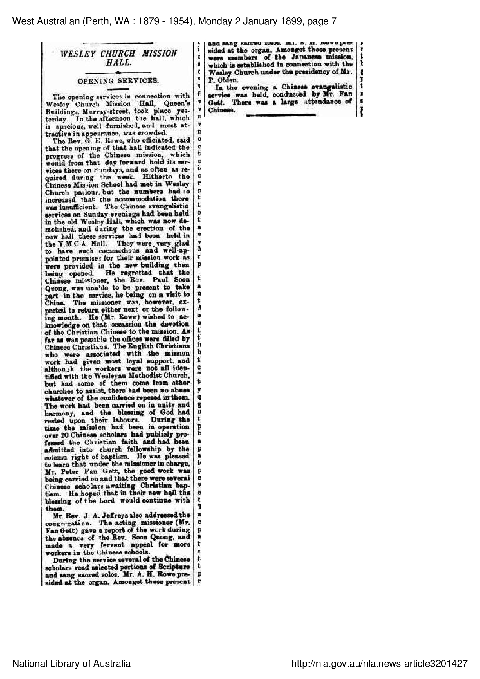 'Wesley Church Mission Hall Opening Services', 1899