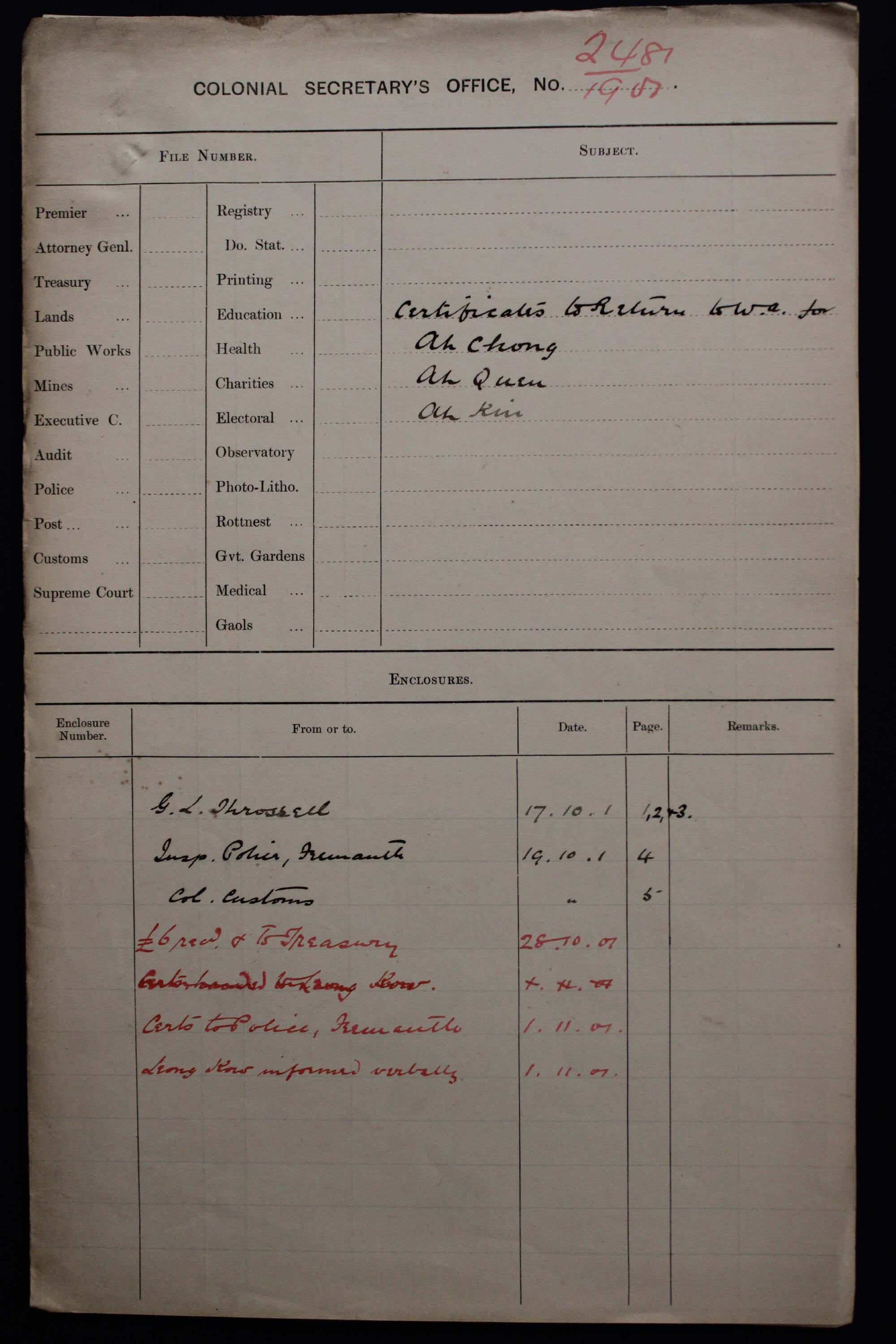 Ah Chong, Ah Quen, Ah Kim 1901-2481