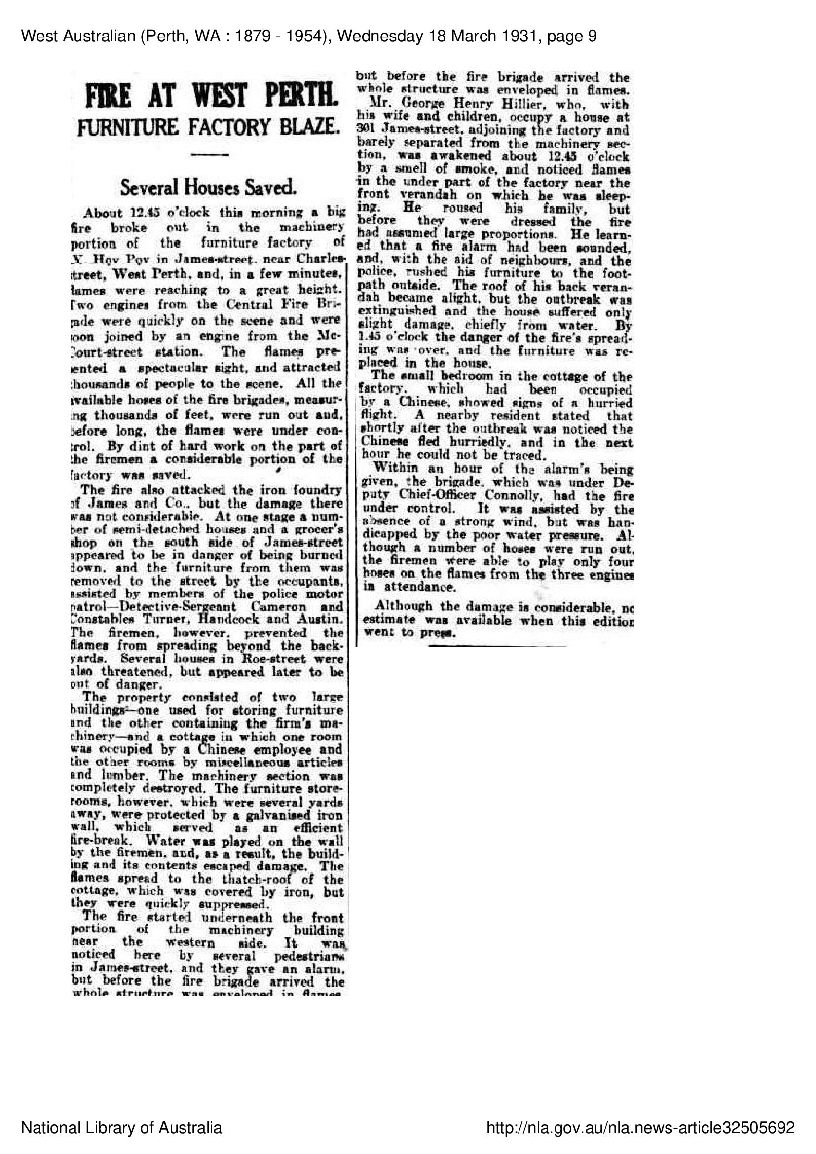 'West Perth Fire: Furniture Factory Damaged', 1931