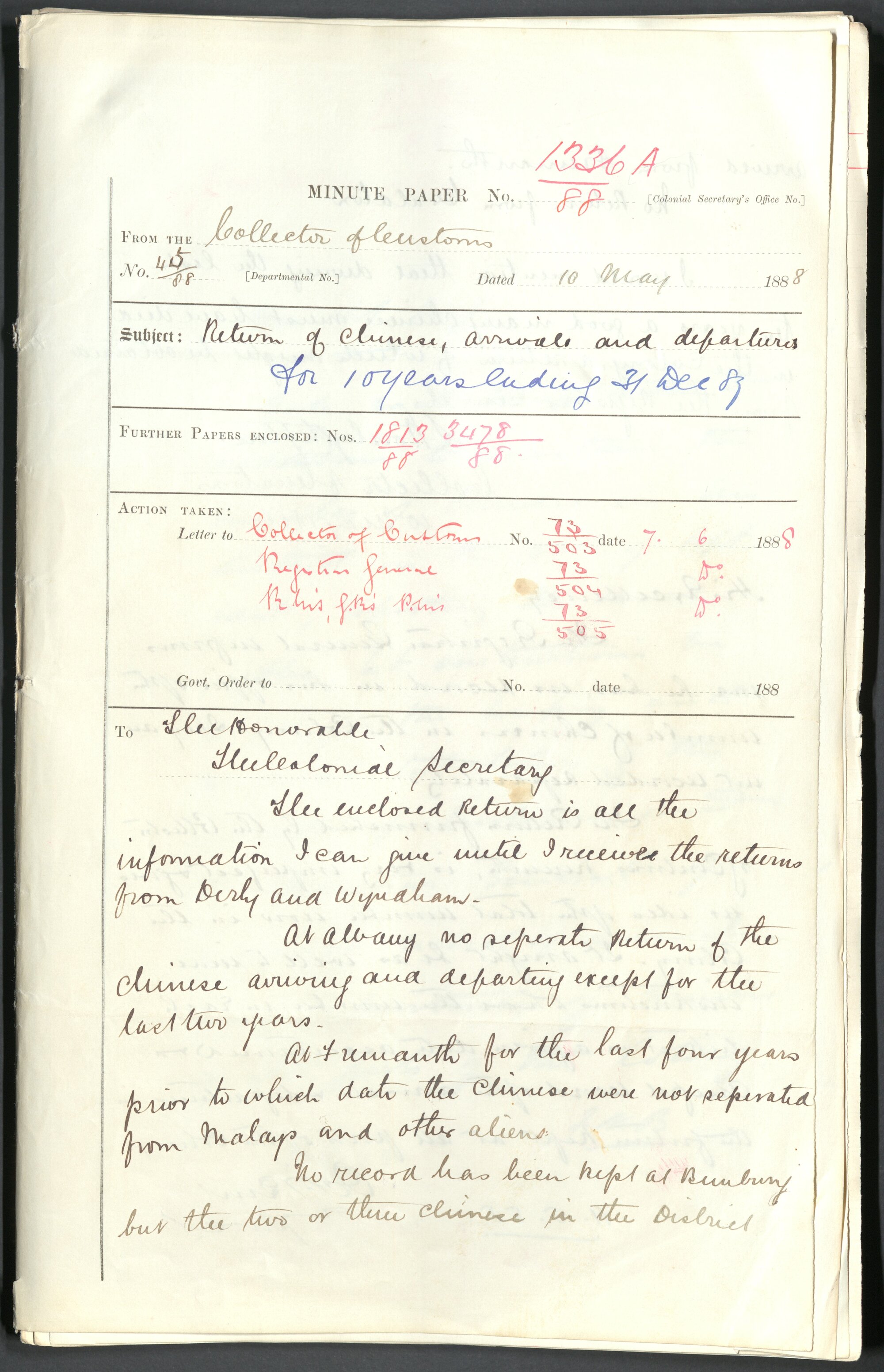 Page01 1888, Collector of Customs - Return of Chinese