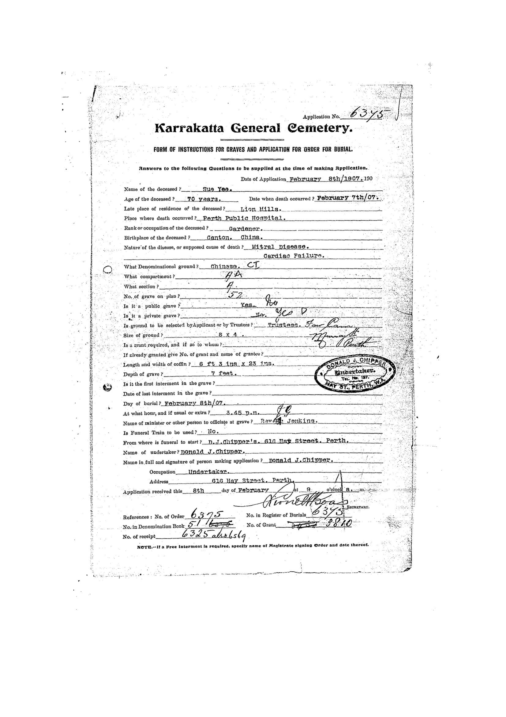 Sue Yee Karrakatta Cemetery record