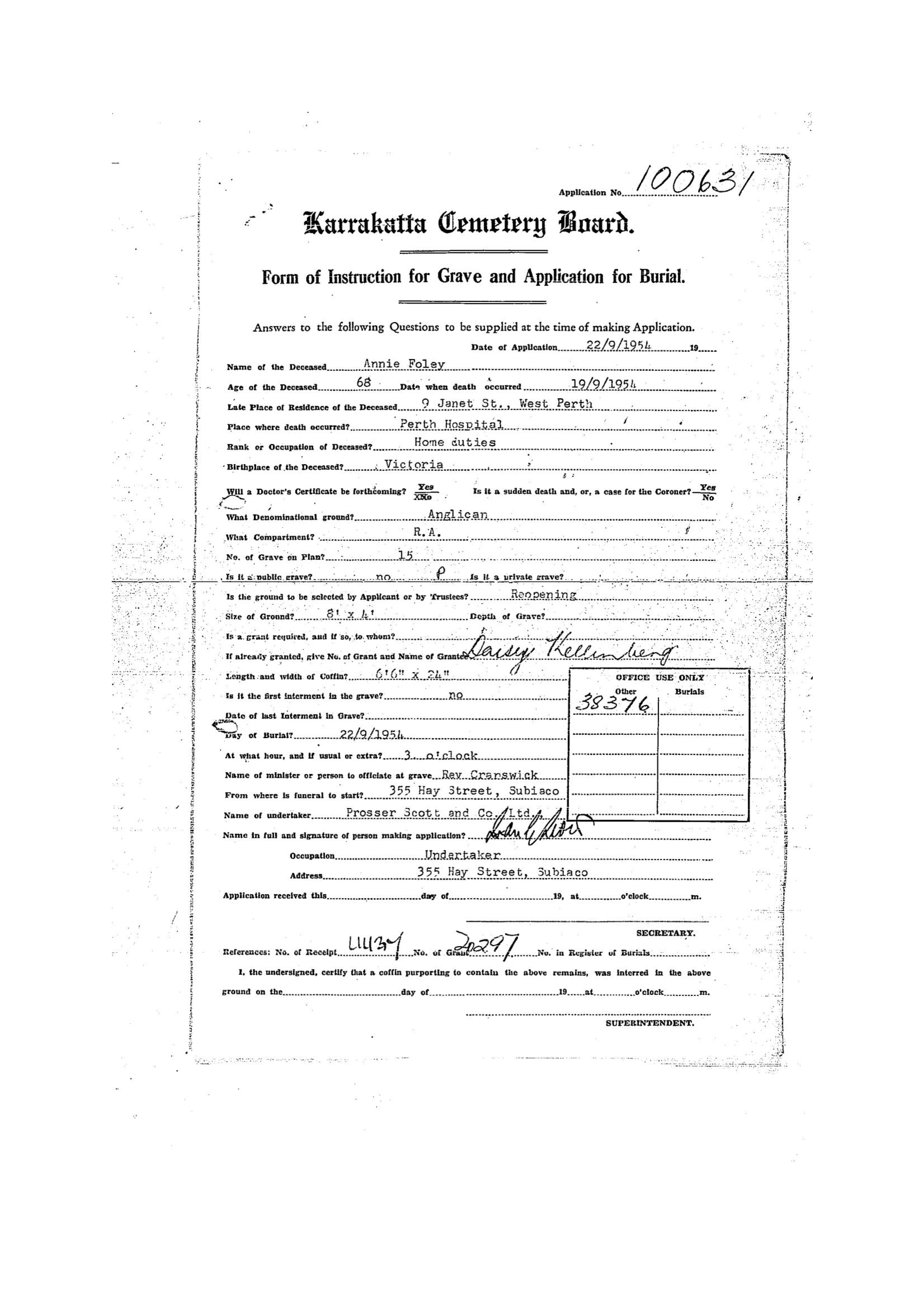 Ah You Annie Karrakatta Burial Record