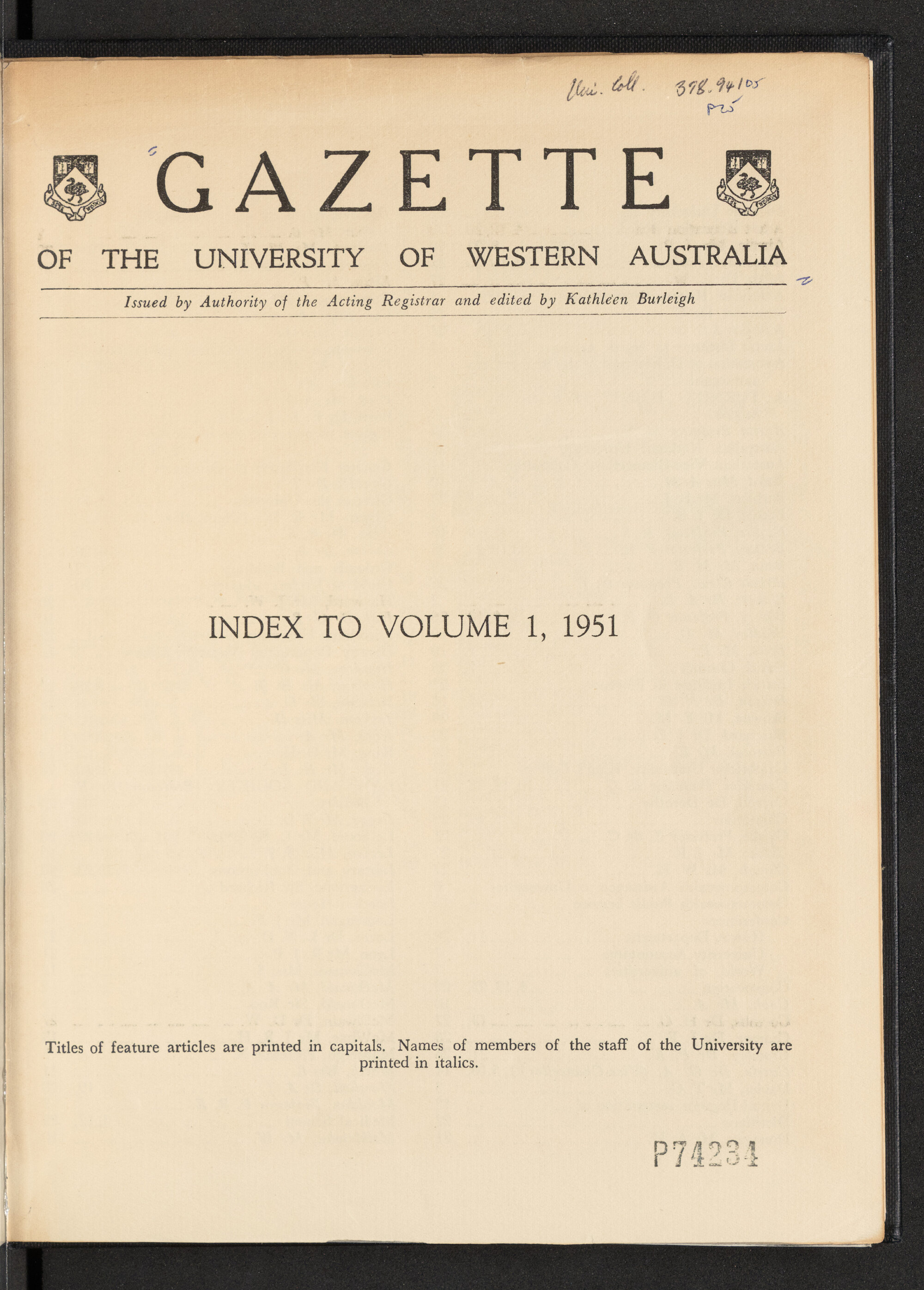 The Gazette of the University of Western Australia - Index to Volume 1 - 1951