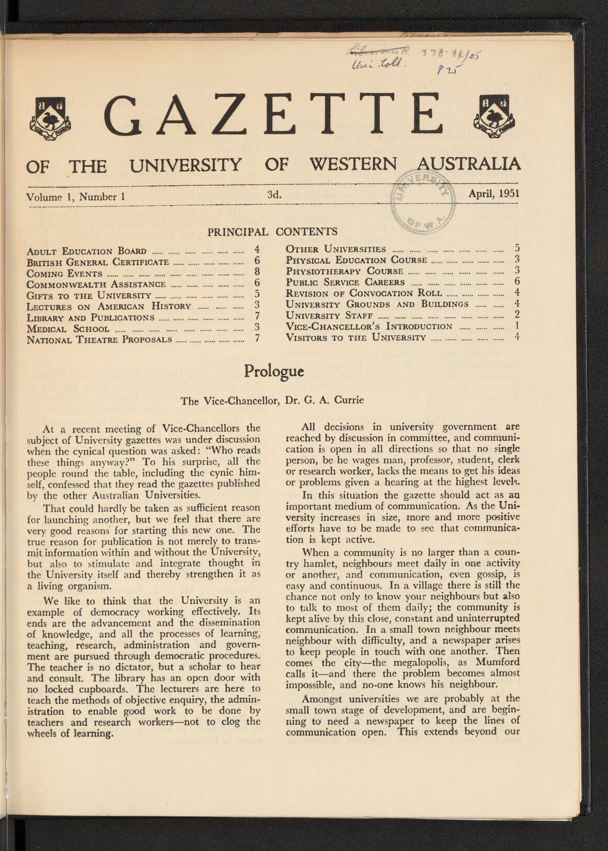 The Gazette of the University of Western Australia - Volume 1 - Number 1 - April 1951