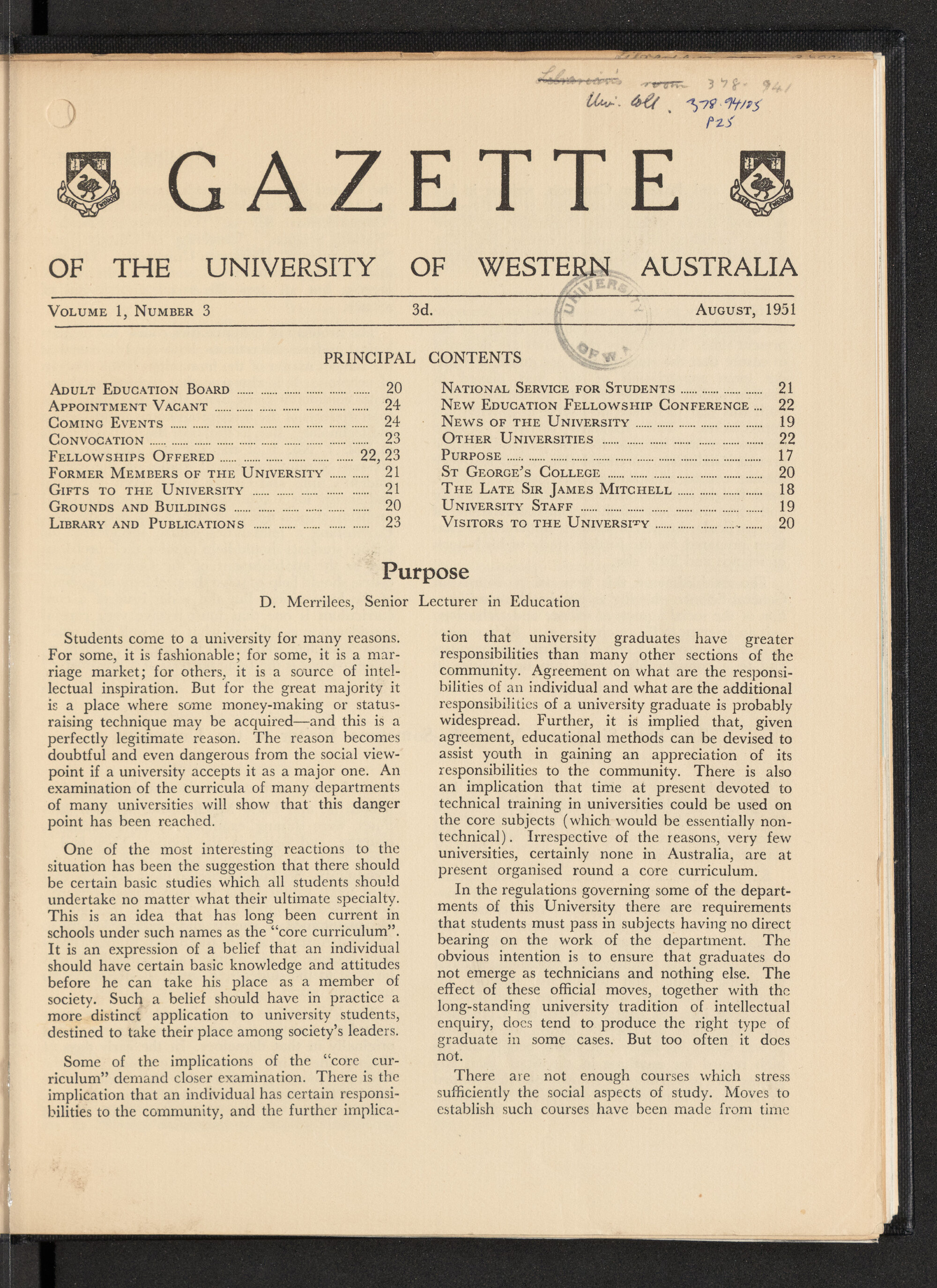 The Gazette of the University of Western Australia - Volume 1 - Number 3 - August 1951