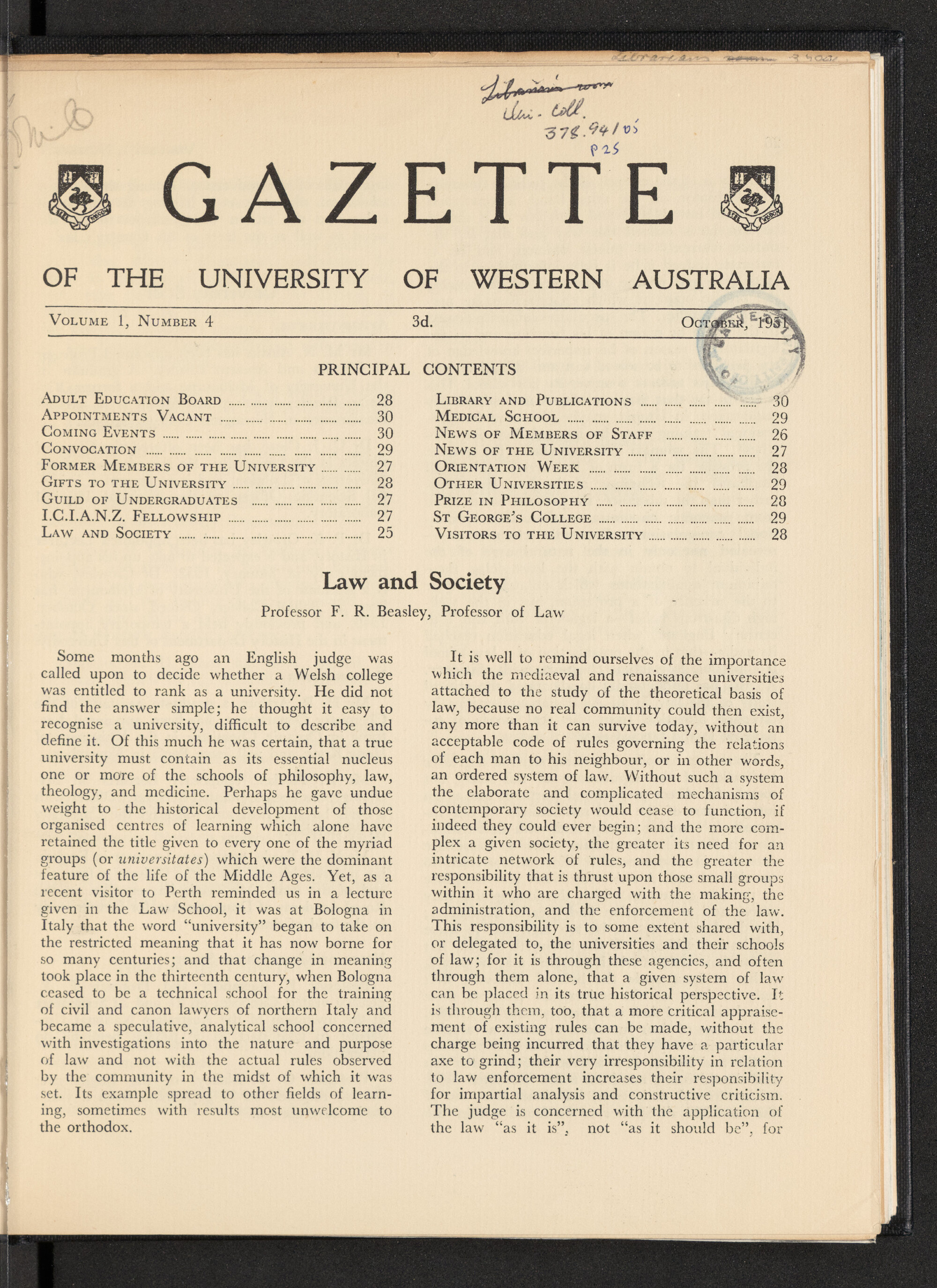 The Gazette of the University of Western Australia - Volume 1 - Number 4 - October 1951