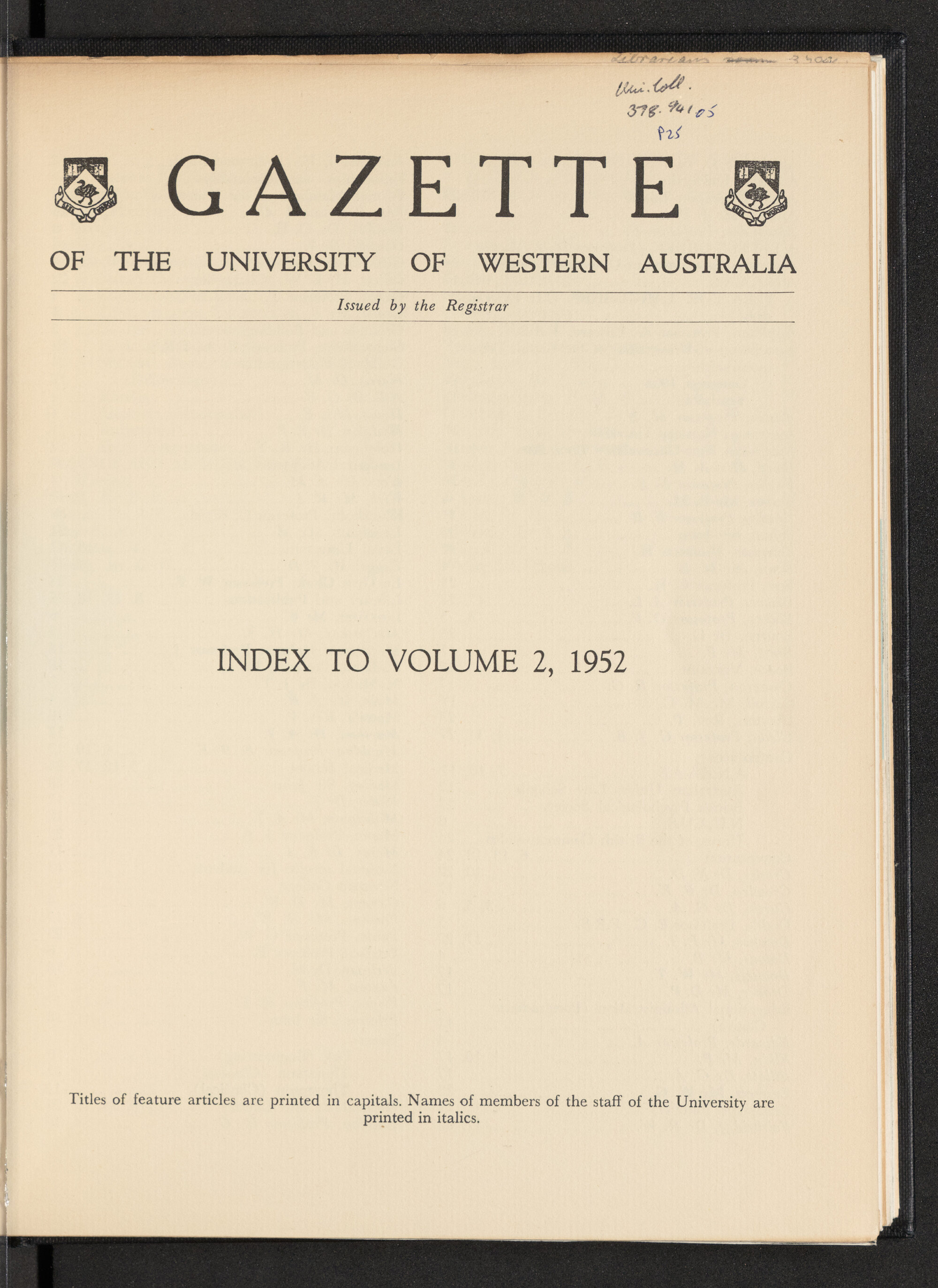 The Gazette of the University of Western Australia - Index to Volume 2 - 1952