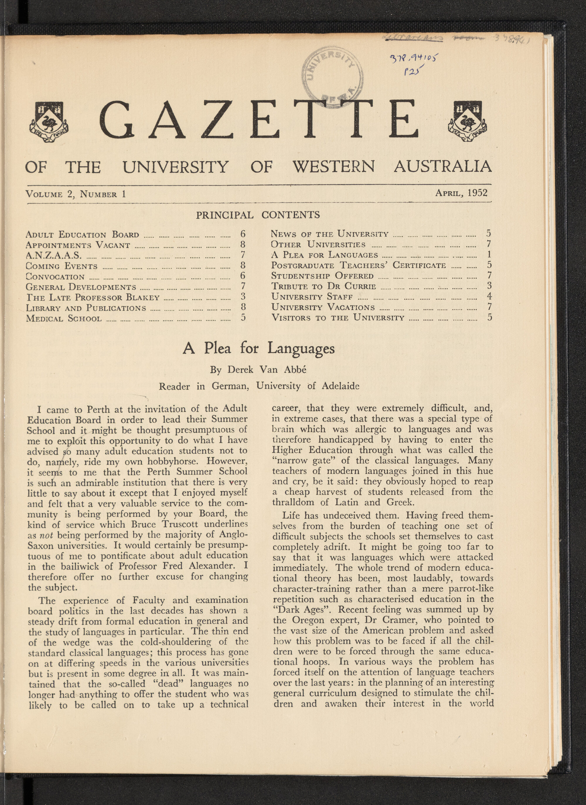 The Gazette of the University of Western Australia - Volume 2 - Number 1 - April 1952