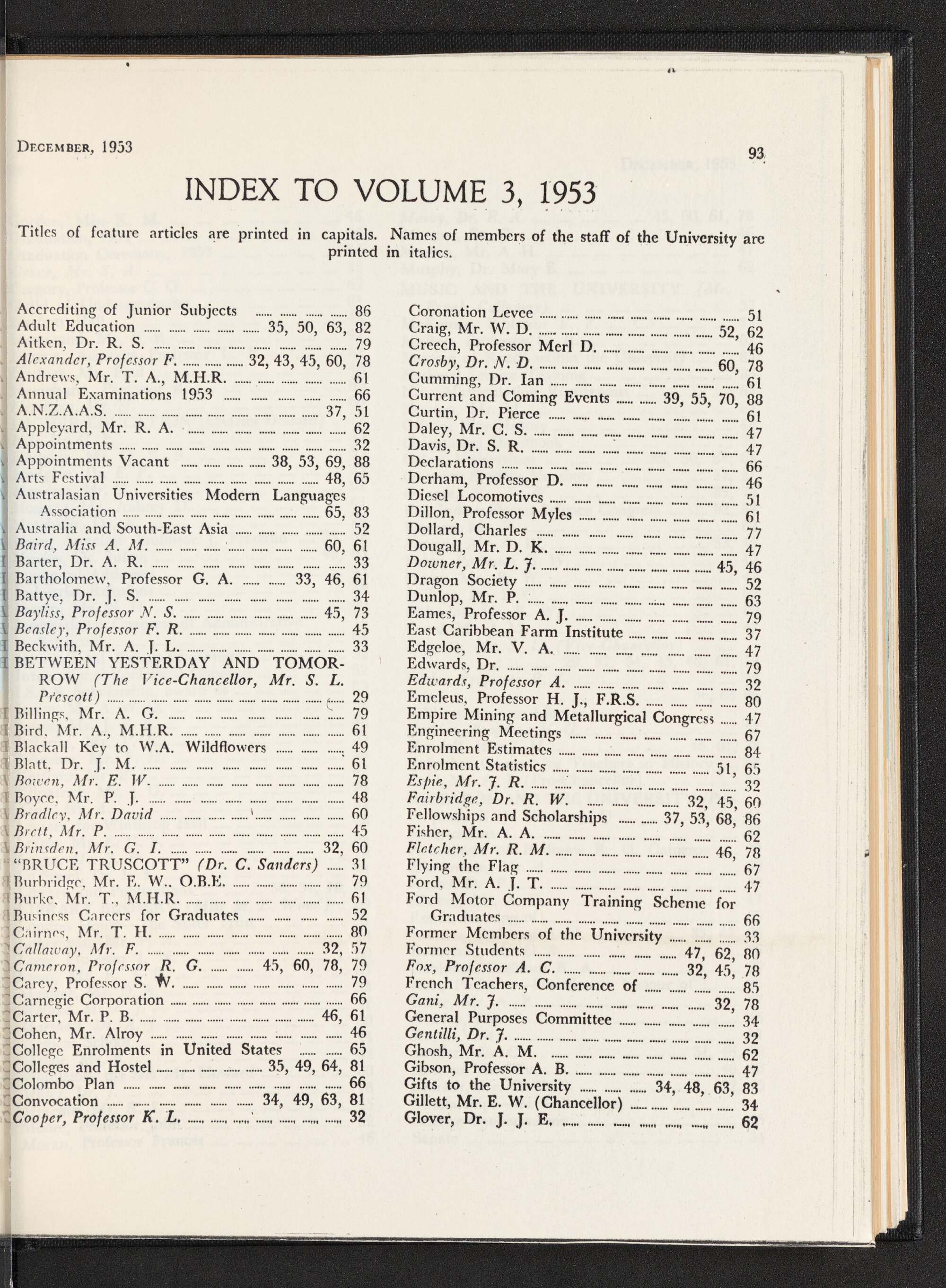 The Gazette of the University of Western Australia - Index to Volume 3 - 1953