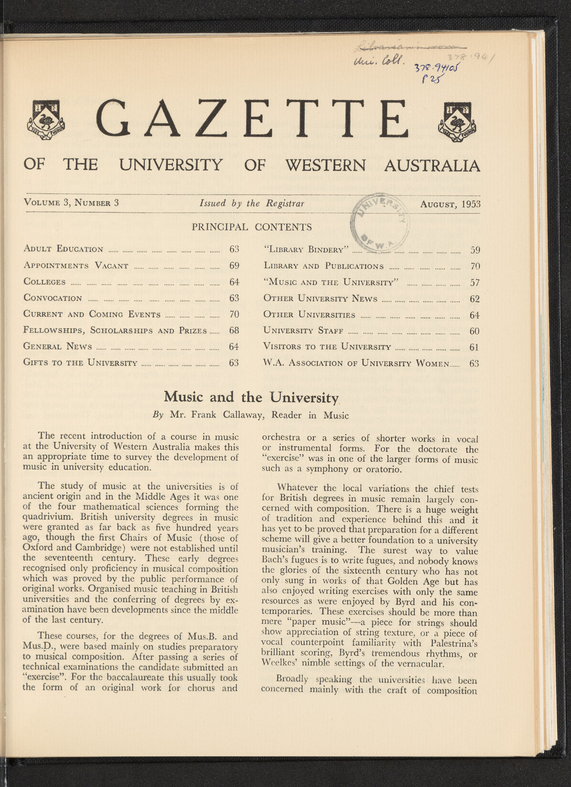 The Gazette of the University of Western Australia - Volume 3 - Number 3 - August 1953