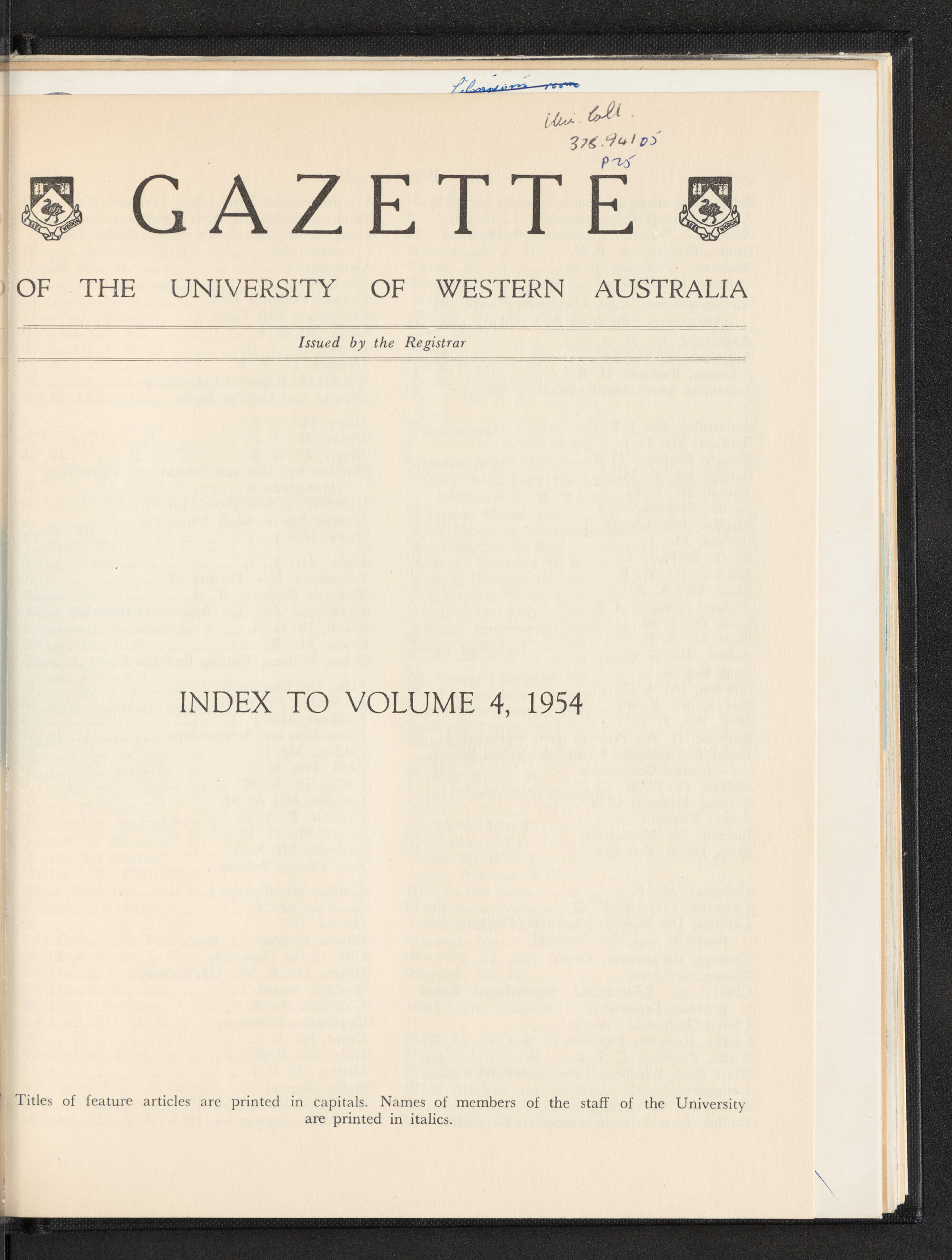 The Gazette of the University of Western Australia - Index to Volume 4 - 1954