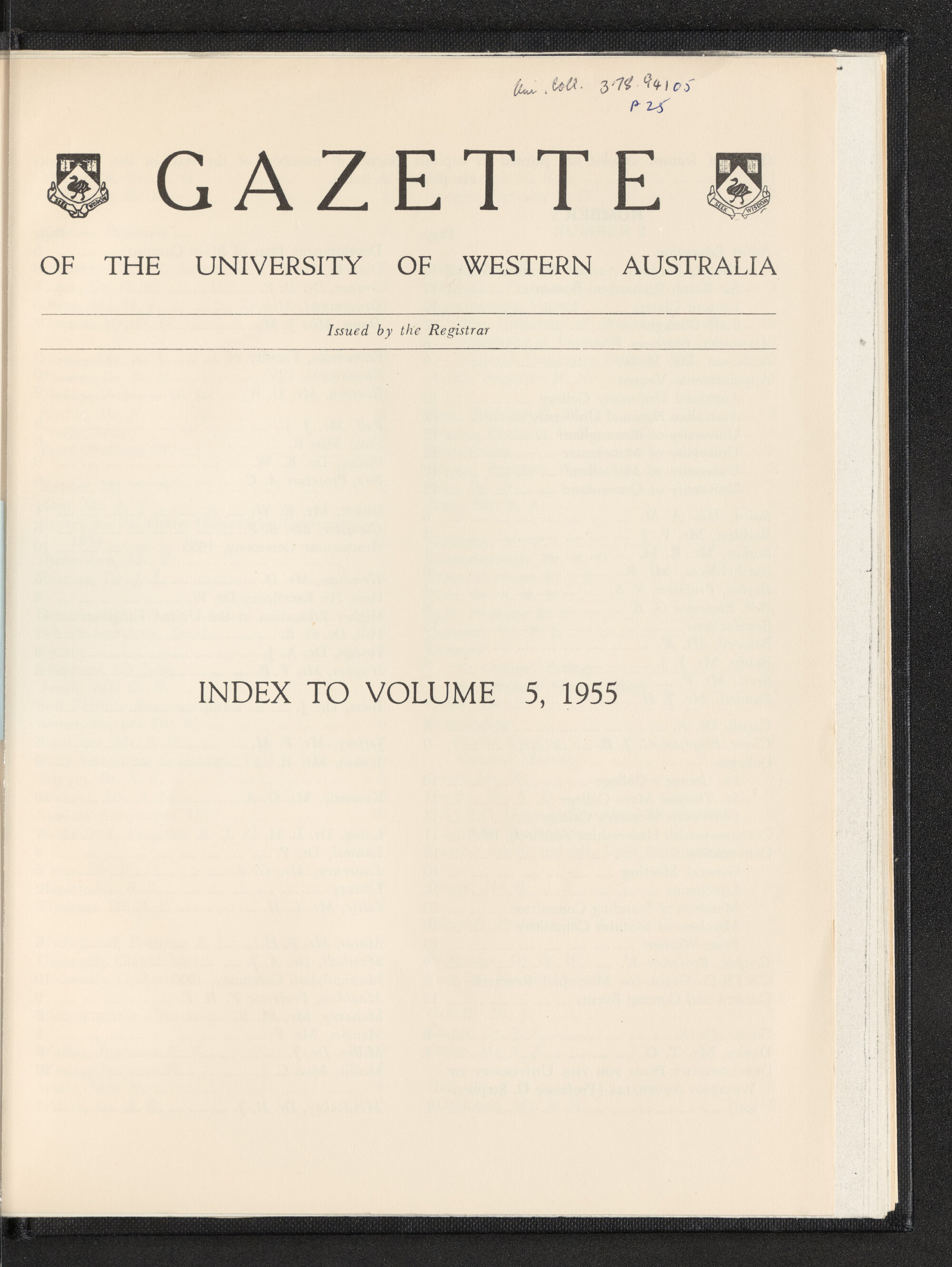 The Gazette of the University of Western Australia - Index to Volume 5 - 1955