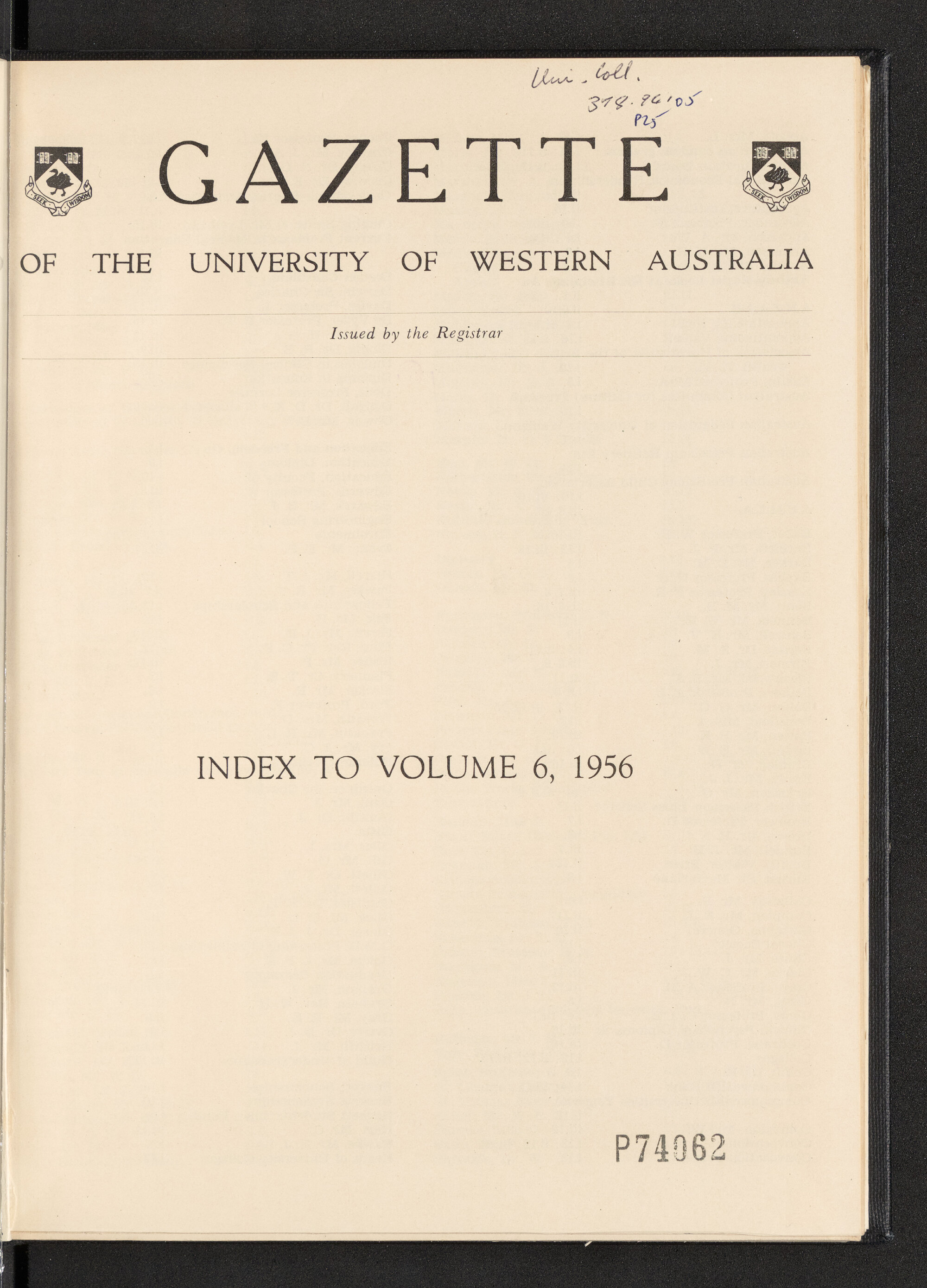 The Gazette of the University of Western Australia - Index to Volume 6 - 1956