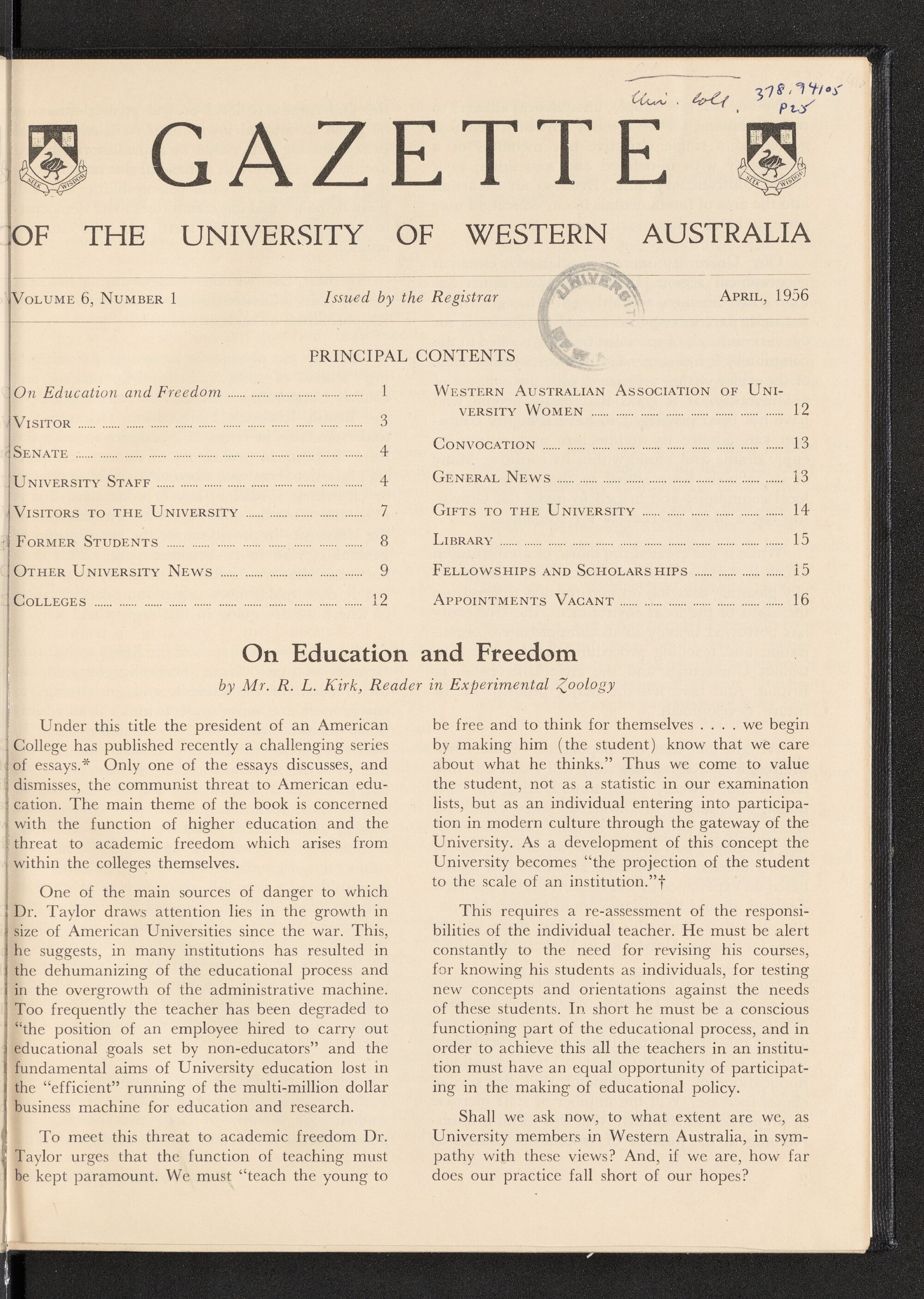 The Gazette of the University of Western Australia - Volume 6 - Number 1 - April 1956