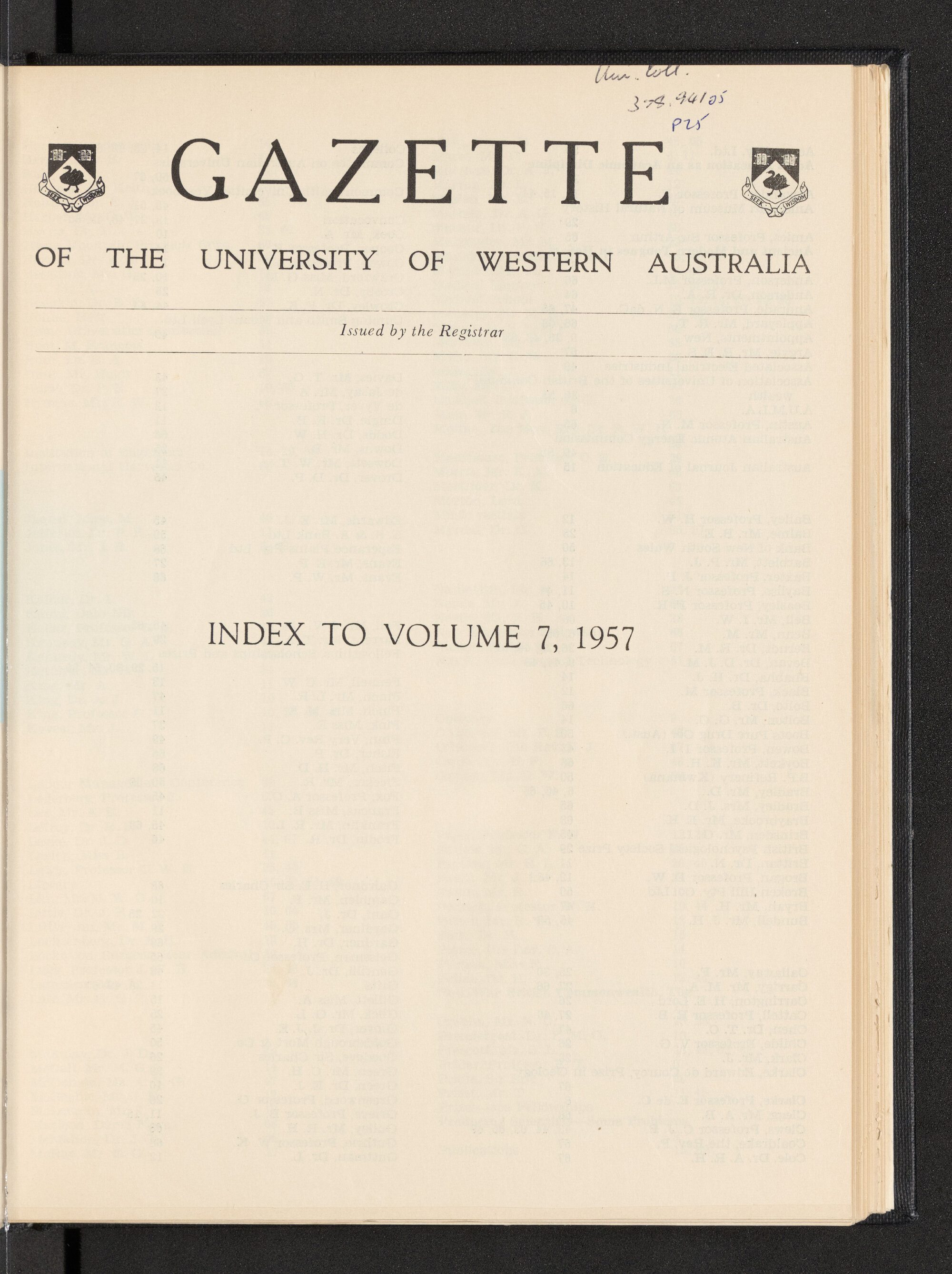 The Gazette of the University of Western Australia - Index to Volume 7 - 1957