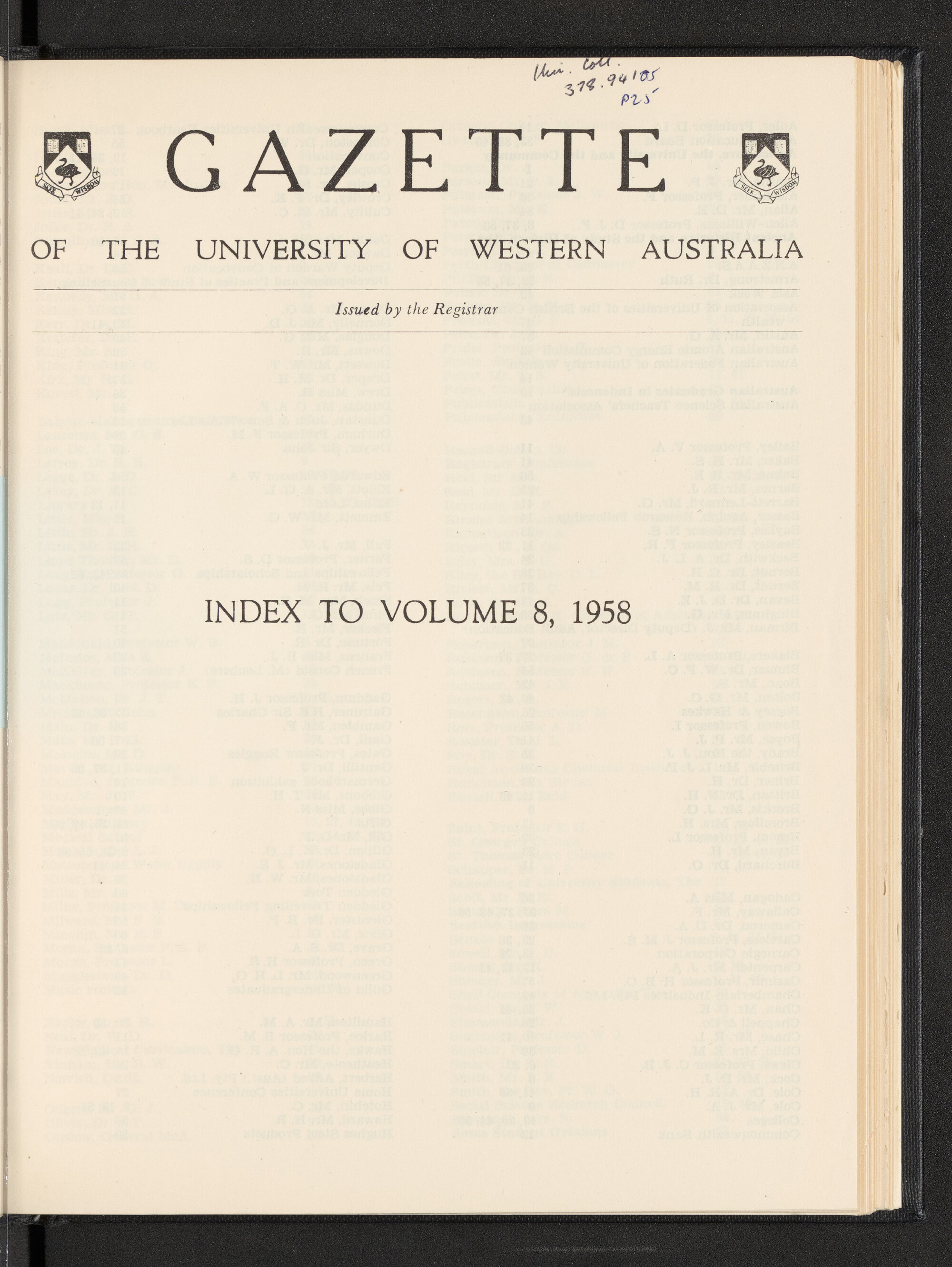 The Gazette of the University of Western Australia - Index to Volume 8  - 1958