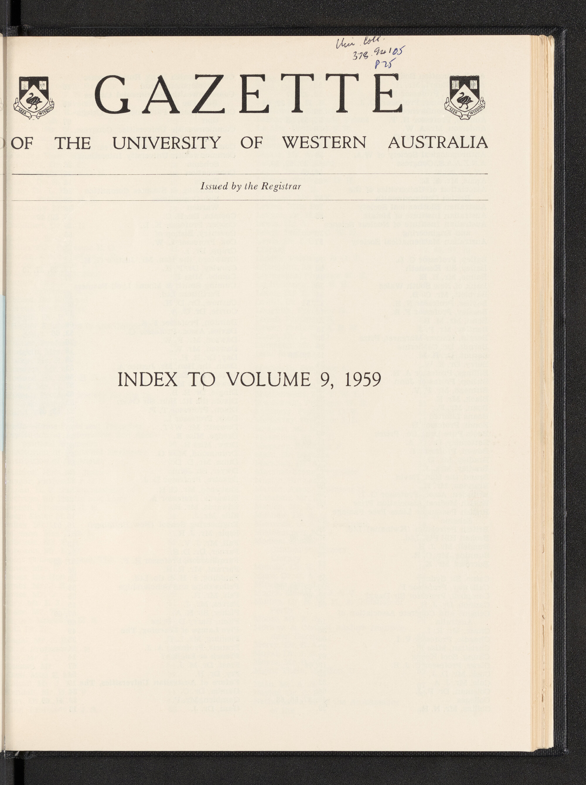 The Gazette of the University of Western Australia - Index to Volume 9  - 1959