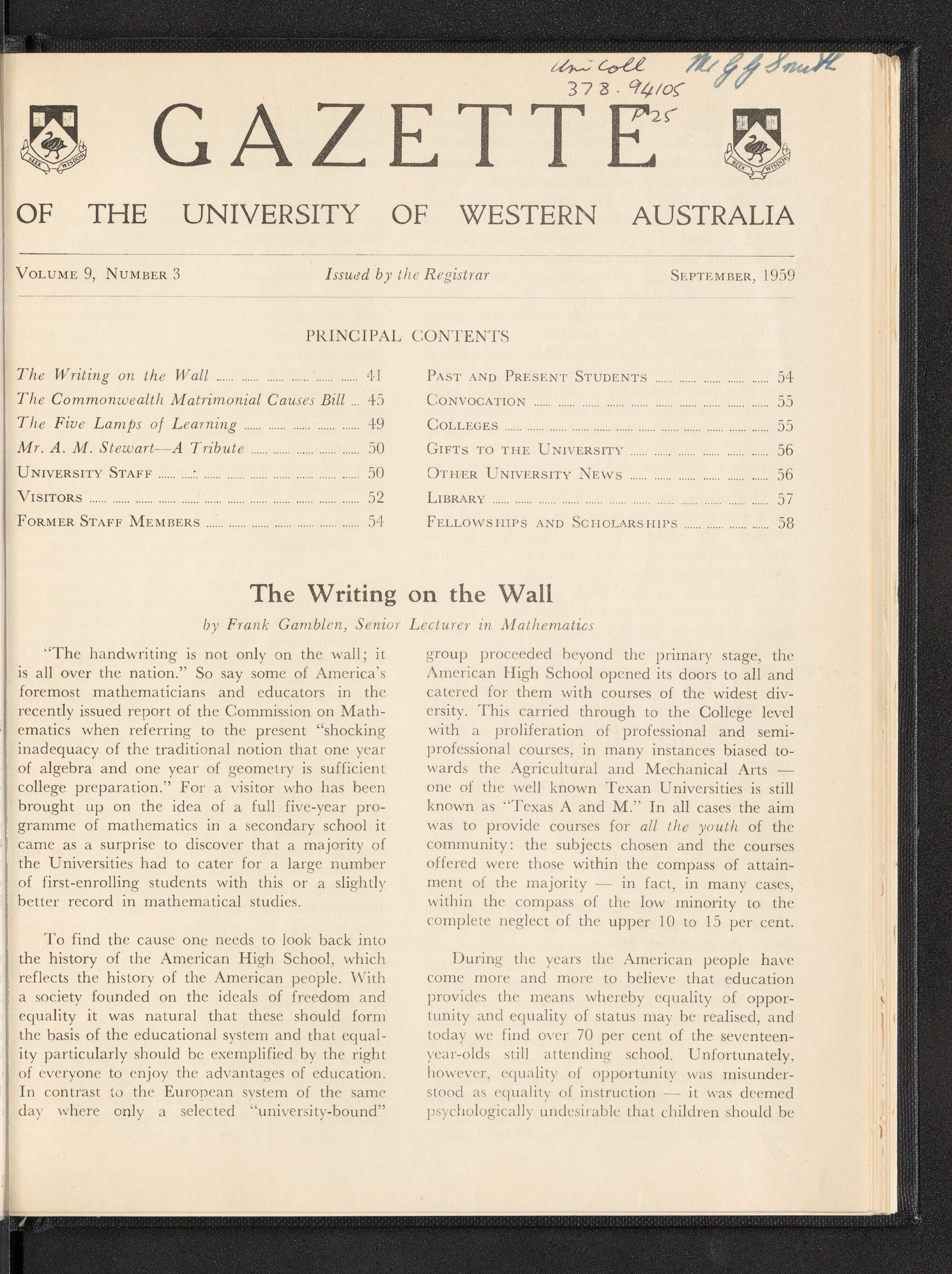 The Gazette of the University of Western Australia - Volume 9 - Number 3 - September 1959