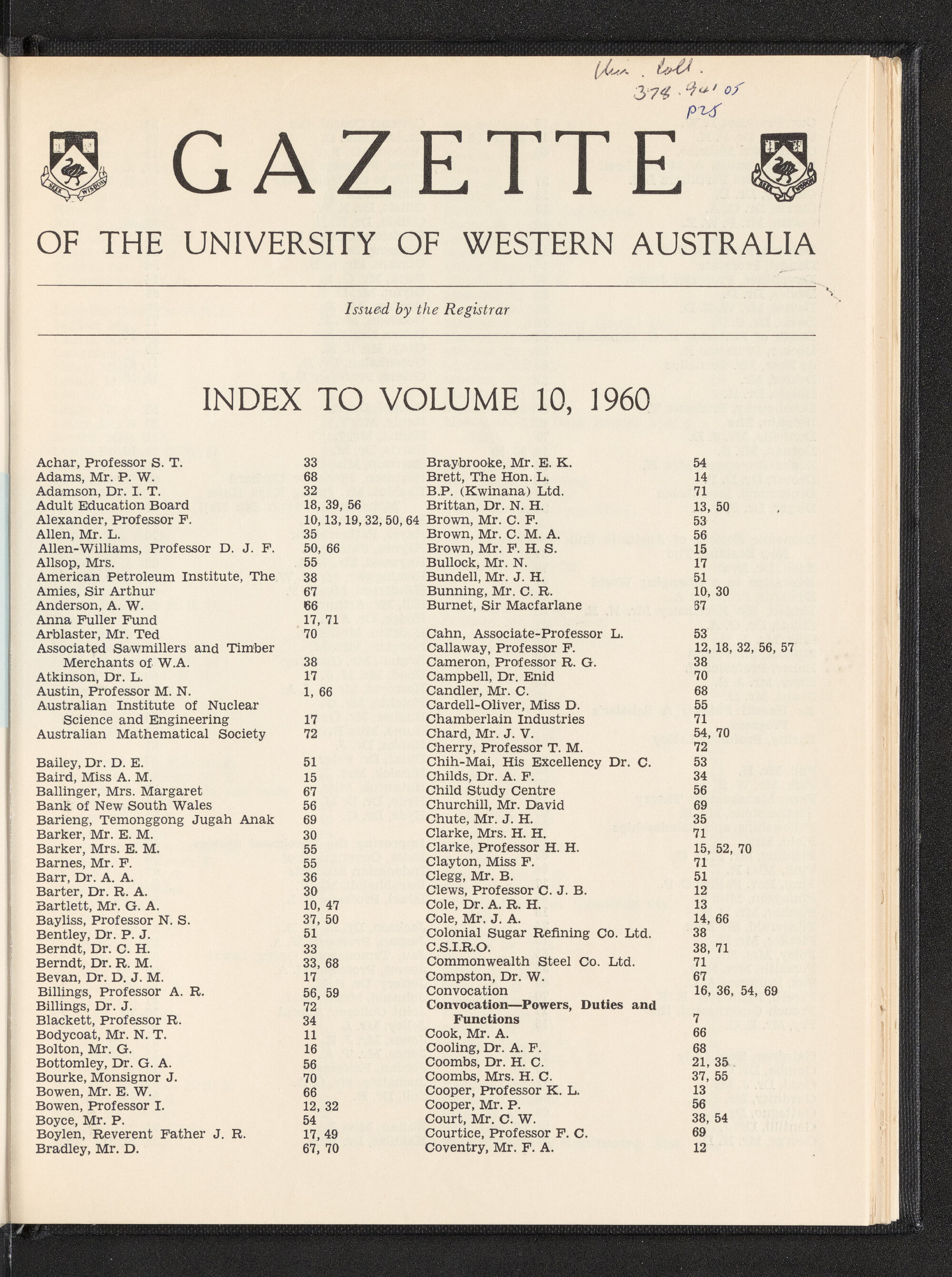 The Gazette of the University of Western Australia - Index to Volume 10  - 1960