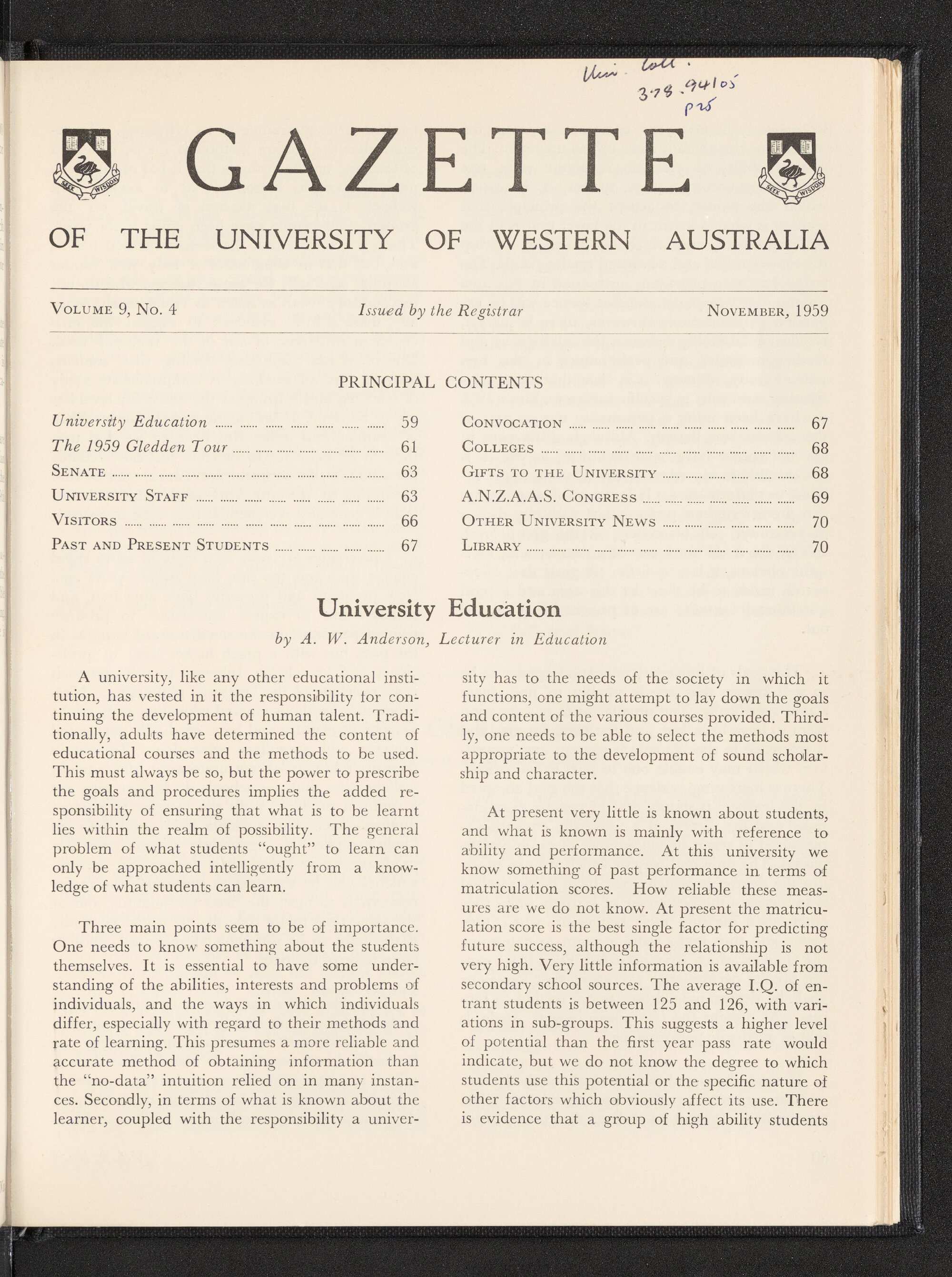 The Gazette of the University of Western Australia - Volume 9 - Number 4 - November 1959