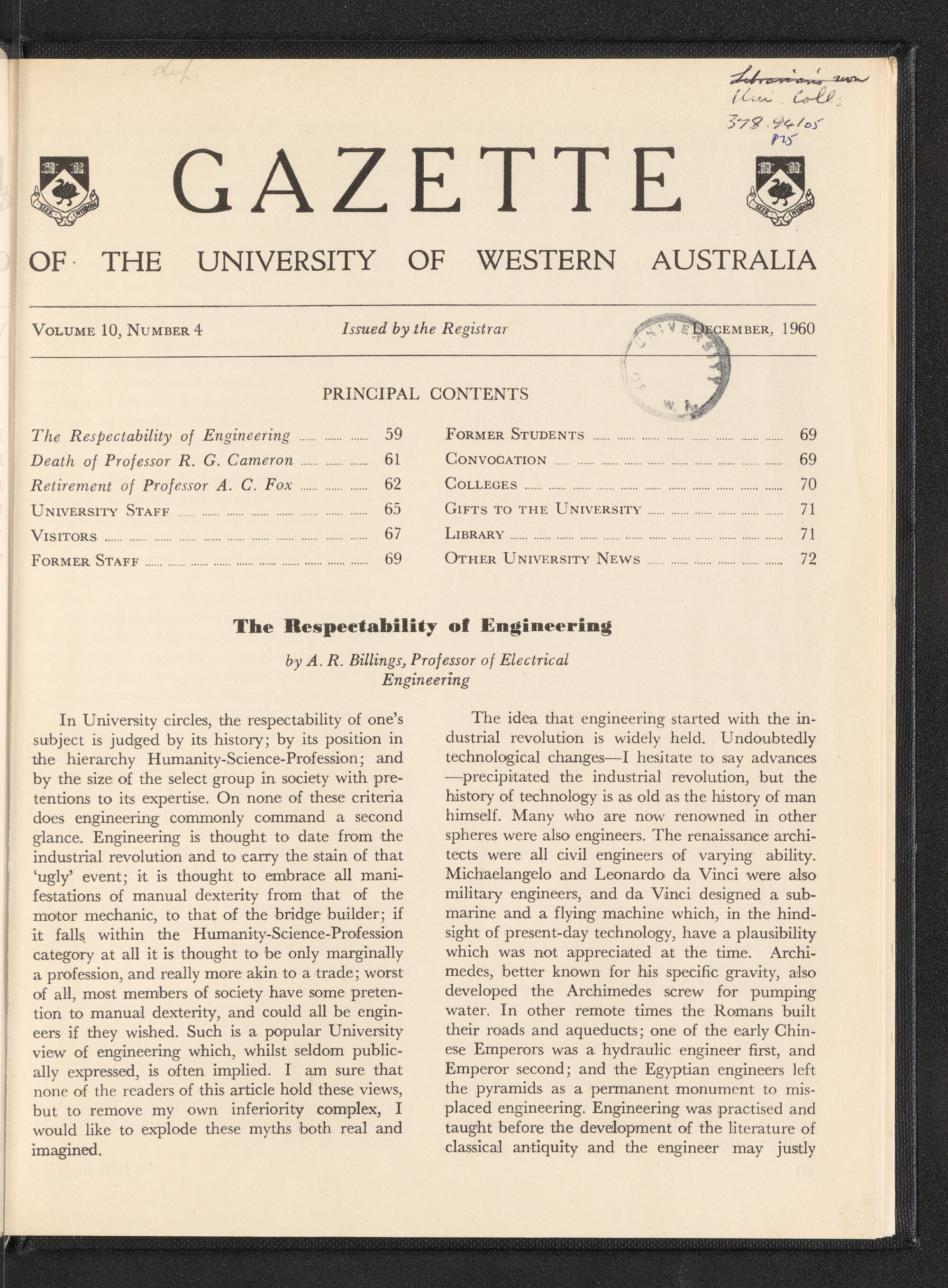 The Gazette of the University of Western Australia - Volume 10 - Number 4 - December 1960