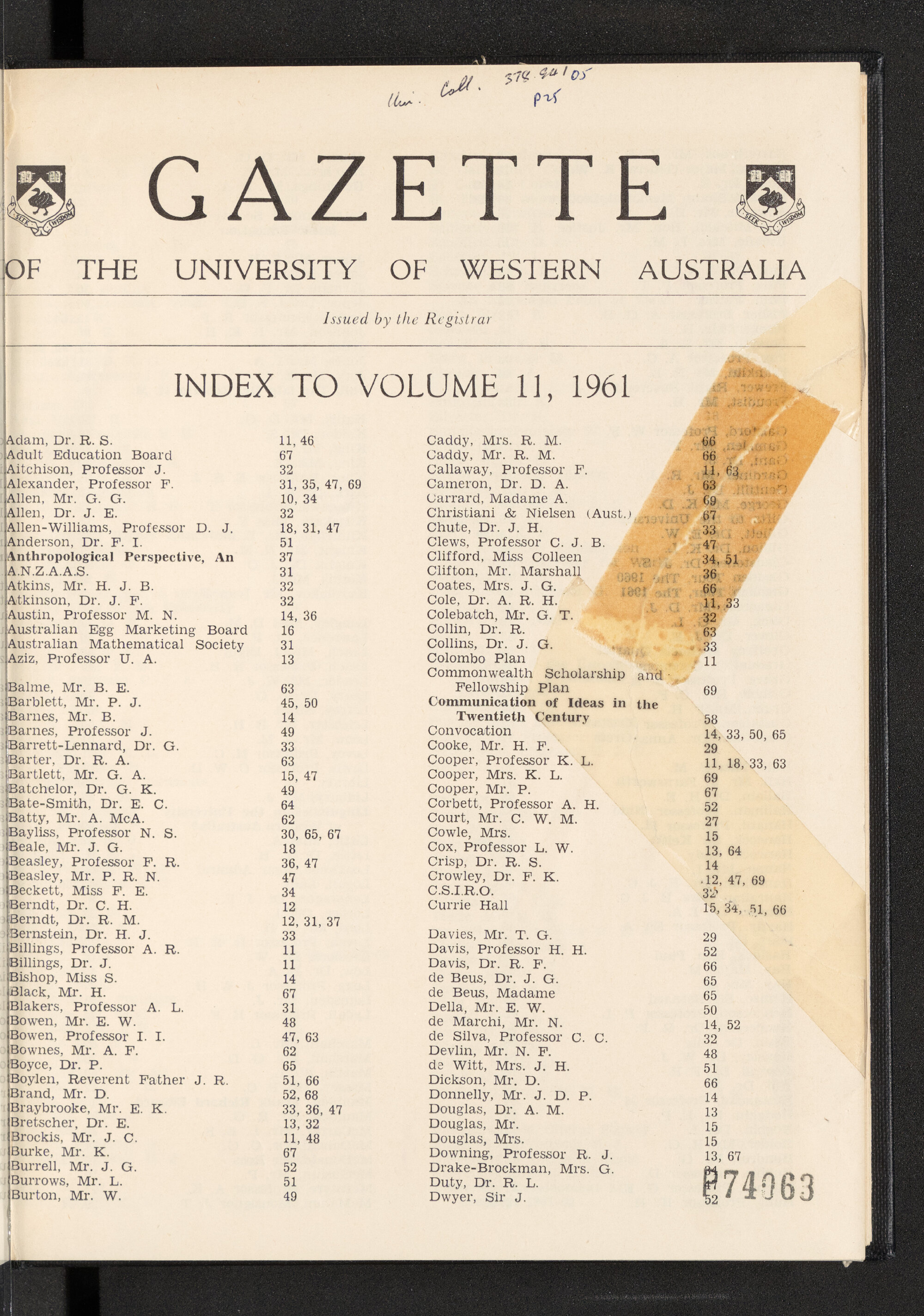 The Gazette of the University of Western Australia - Index to Volume 11 - 1961