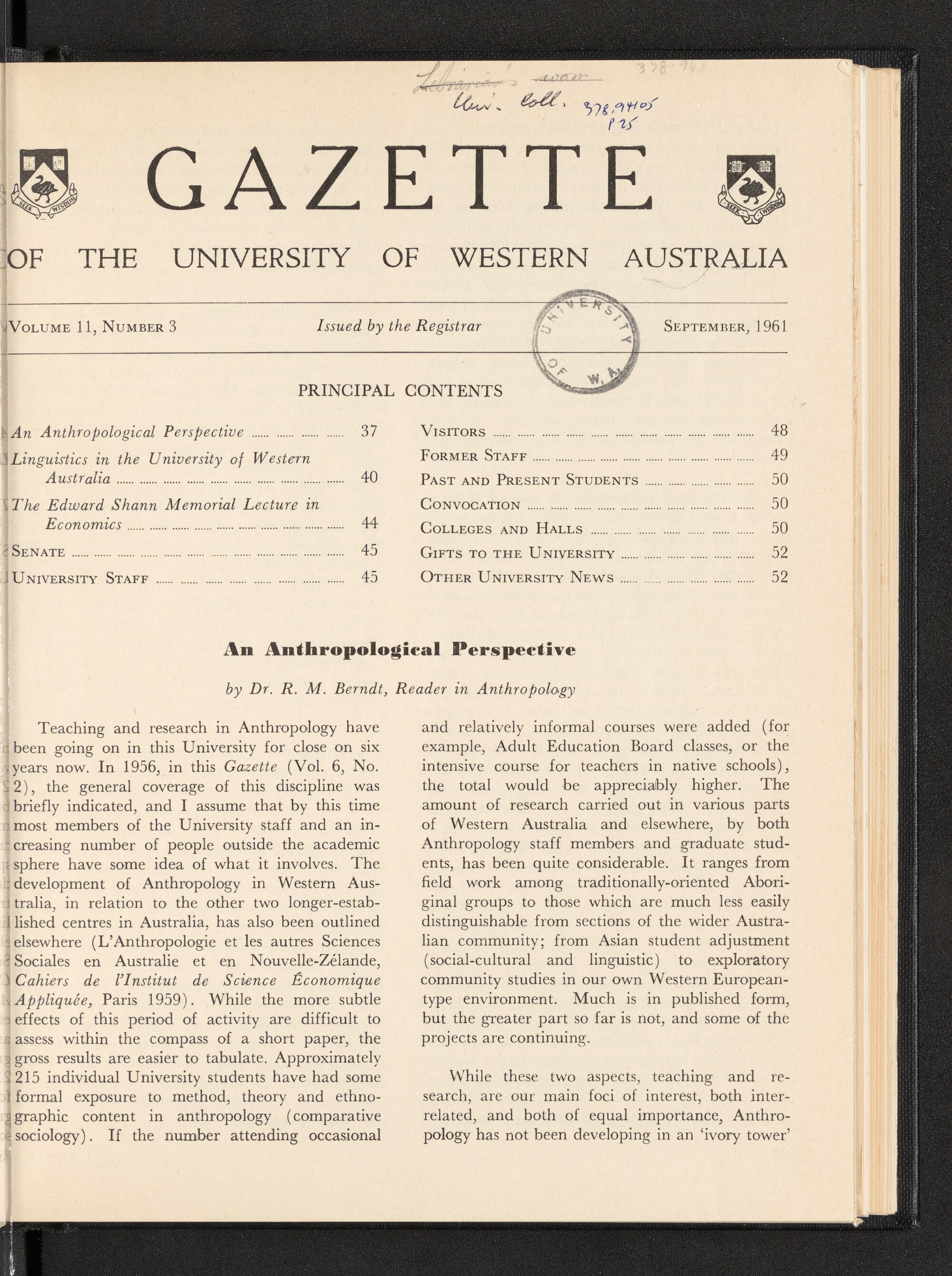 The Gazette of the University of Western Australia - Volume 11 - Number 3 - September 1961