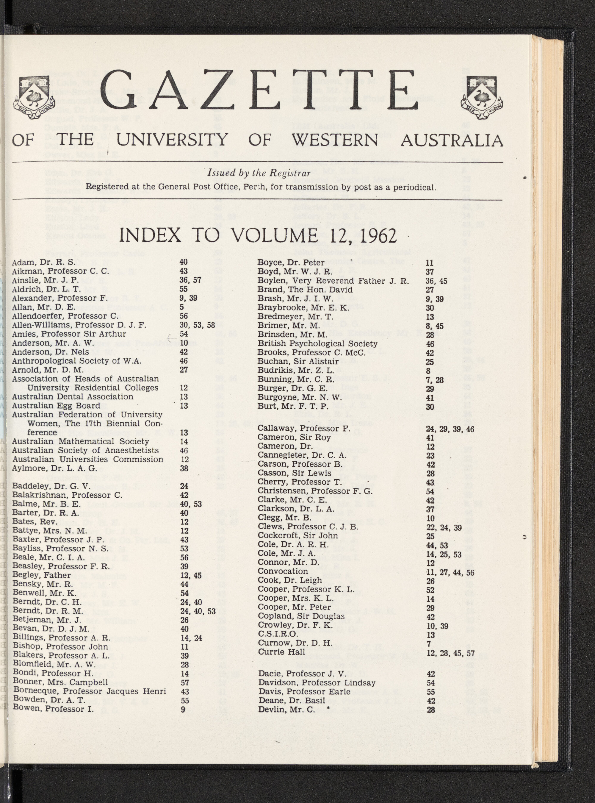 The Gazette of the University of Western Australia - Index to Volume 12 - 1962