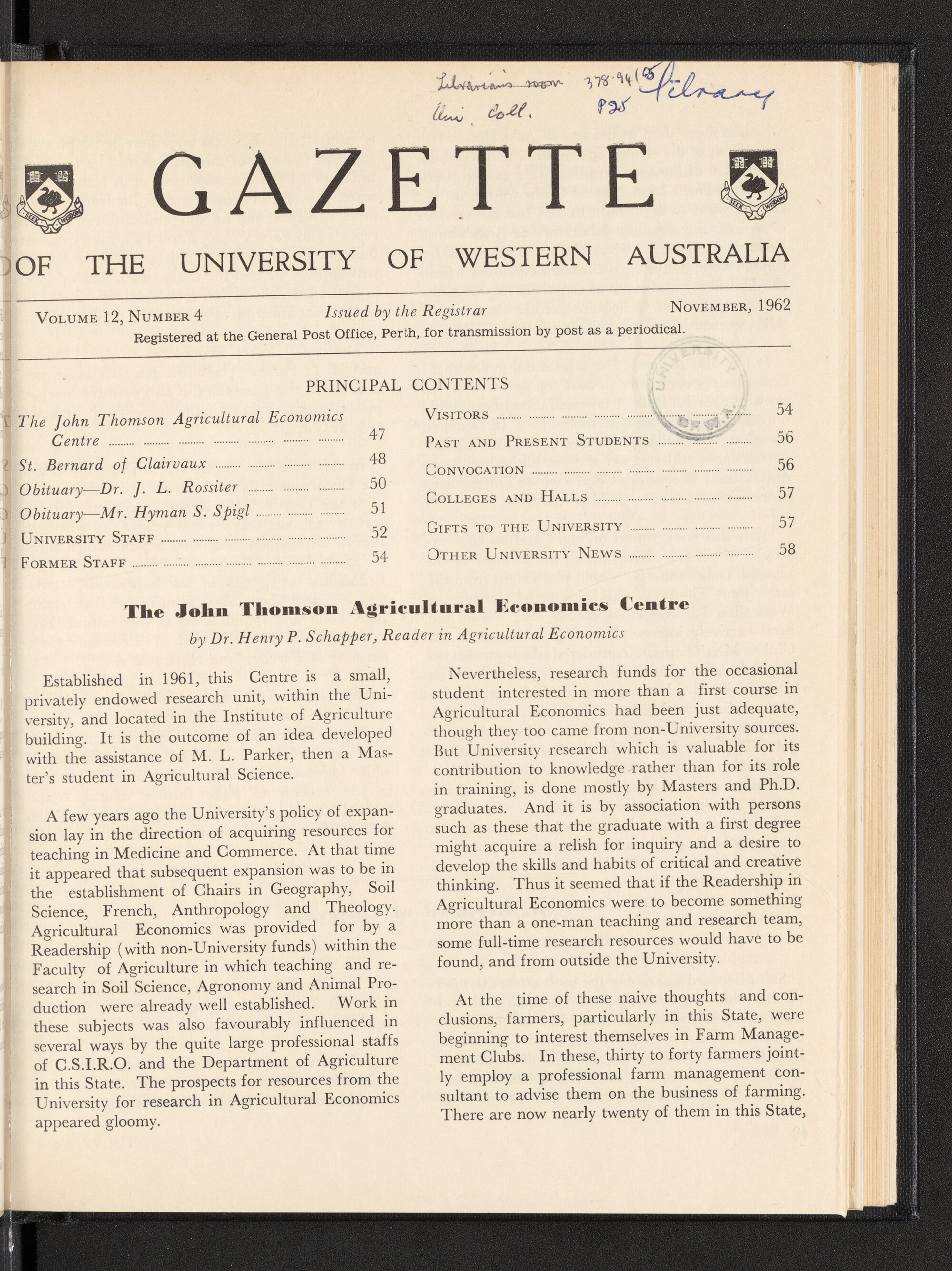 The Gazette of the University of Western Australia - Volume 12 - Number 4 - November 1962