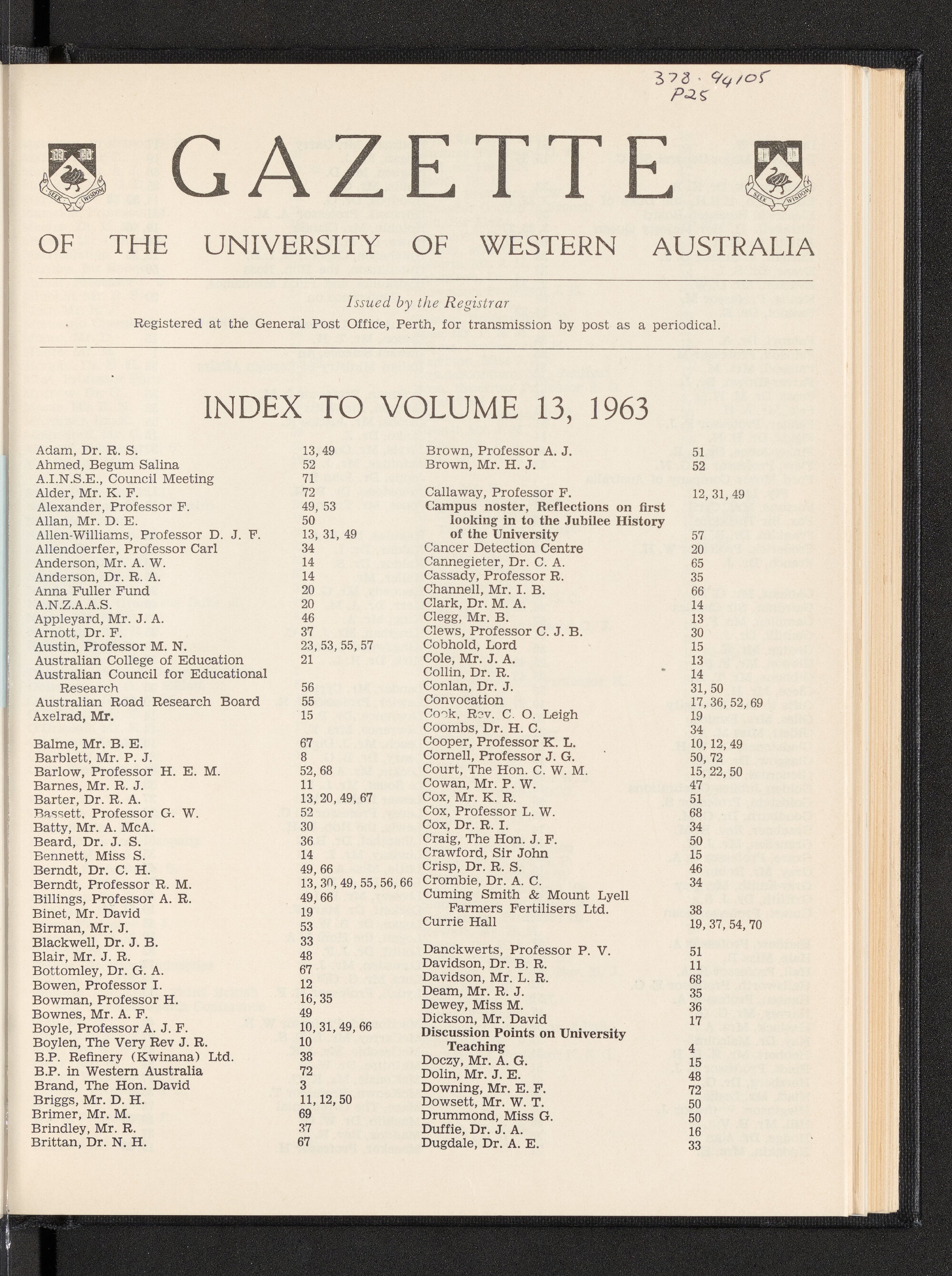 The Gazette of the University of Western Australia - Index to Volume 13 - 1963