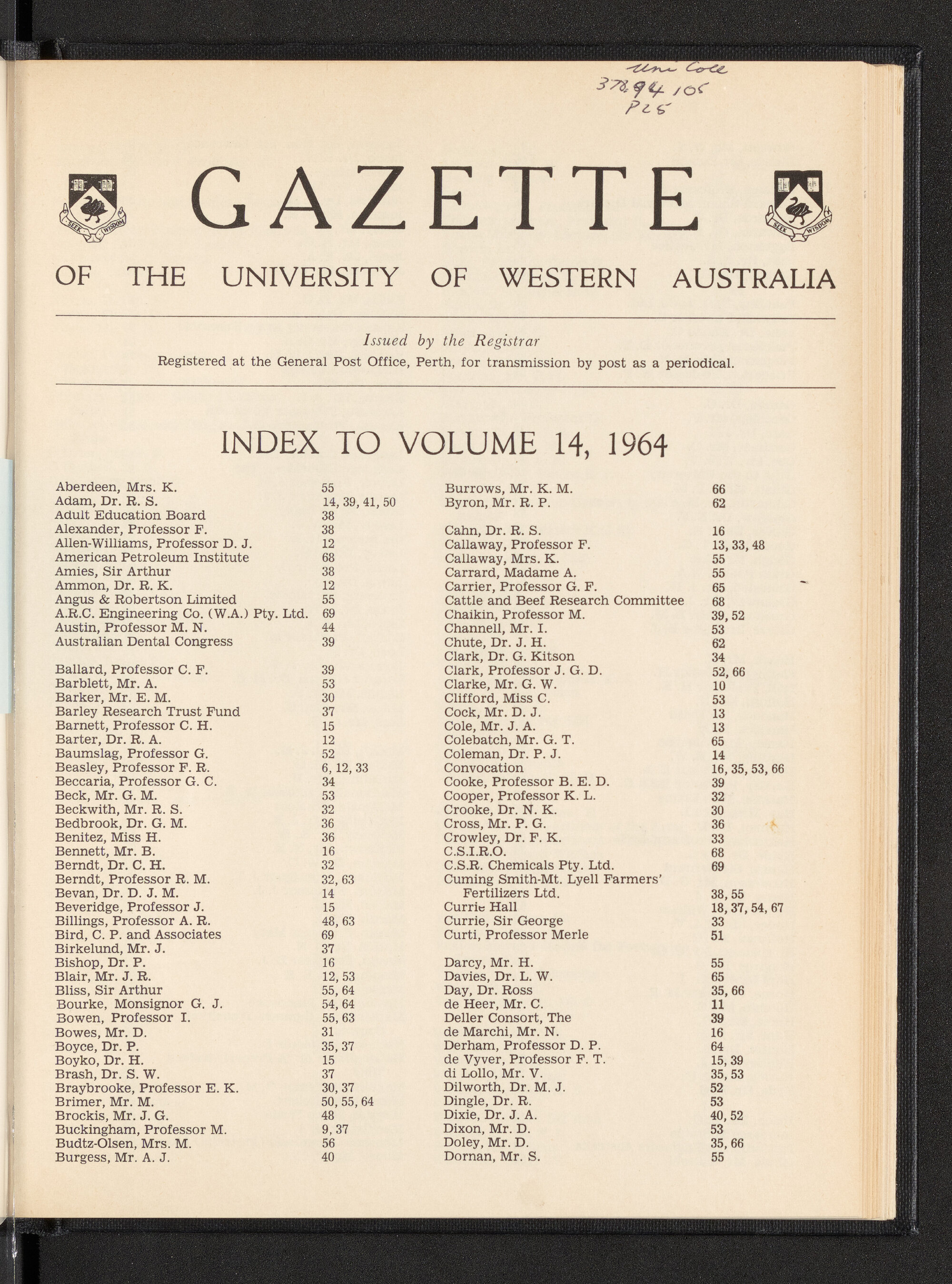 The Gazette of the University of Western Australia - Index to Volume 14 - 1964