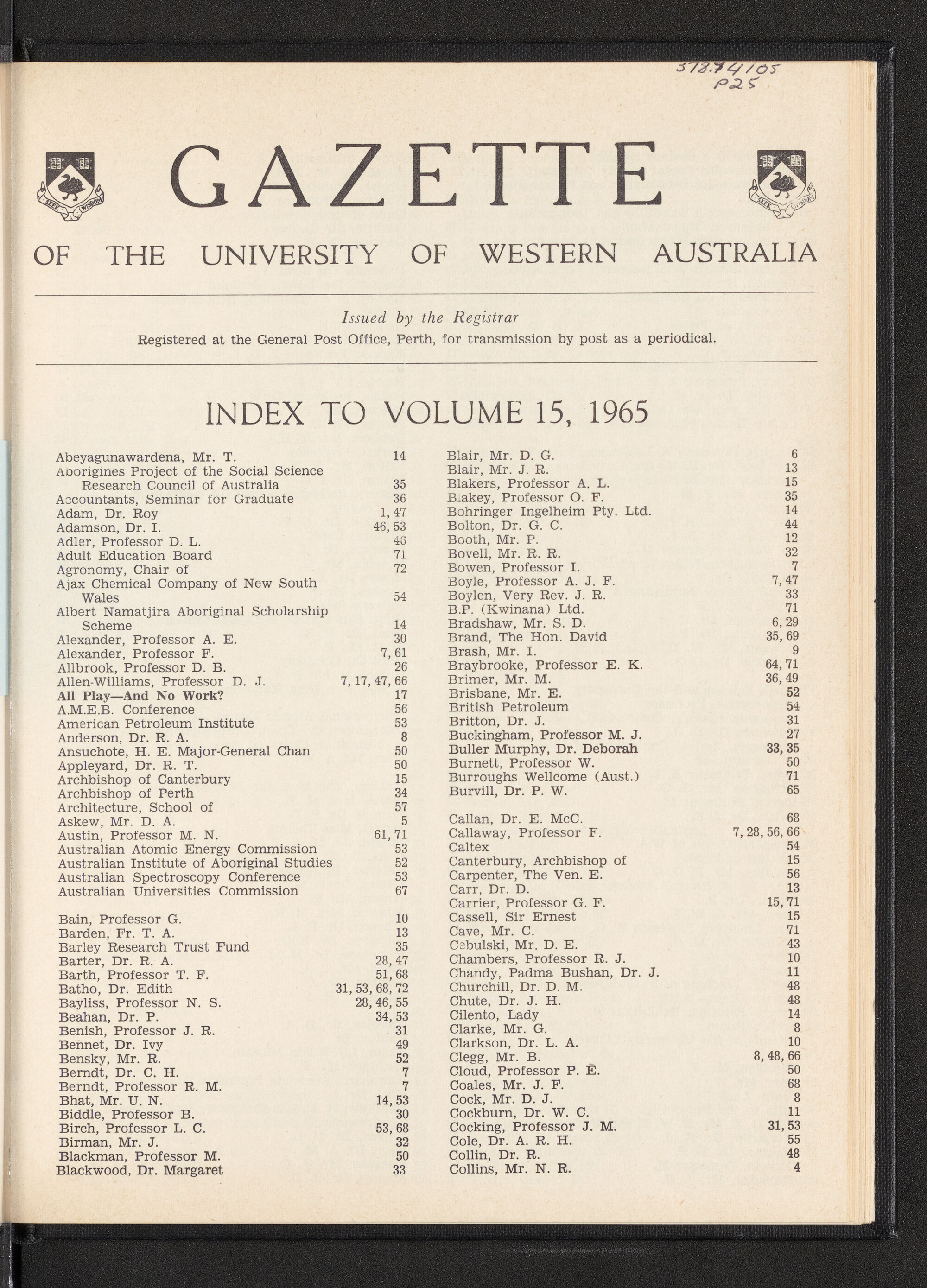 The Gazette of the University of Western Australia - Index to Volume 15 - 1965