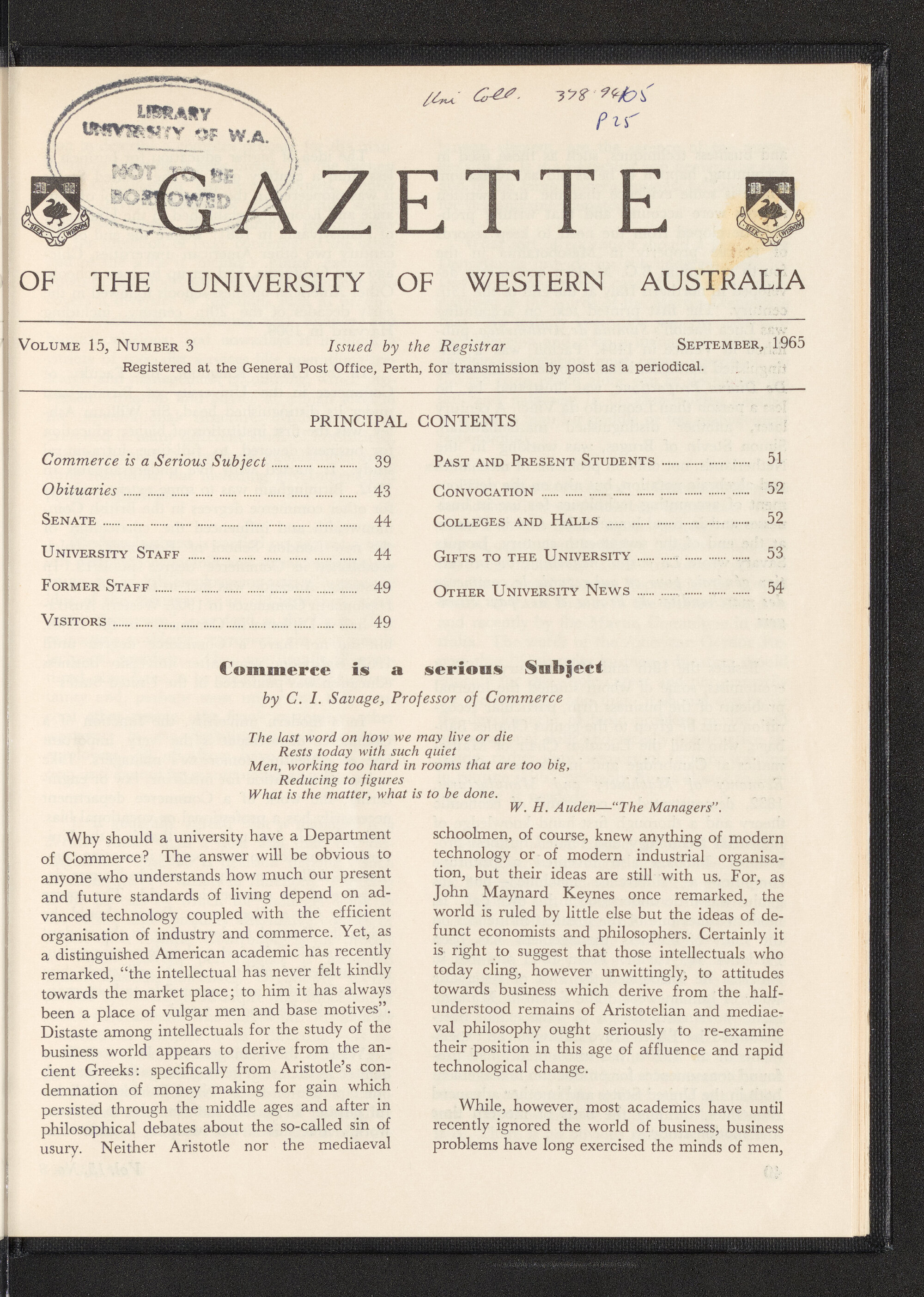 The Gazette of the University of Western Australia - Volume 15 - Number 3 - September 1965