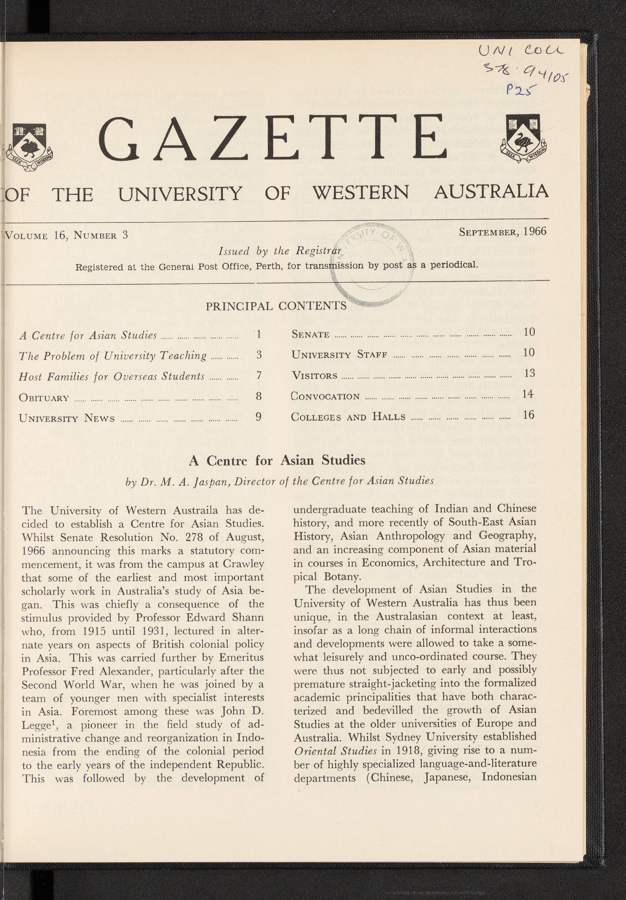 The Gazette of the University of Western Australia - Volume 16 - Number 3 - September 1966