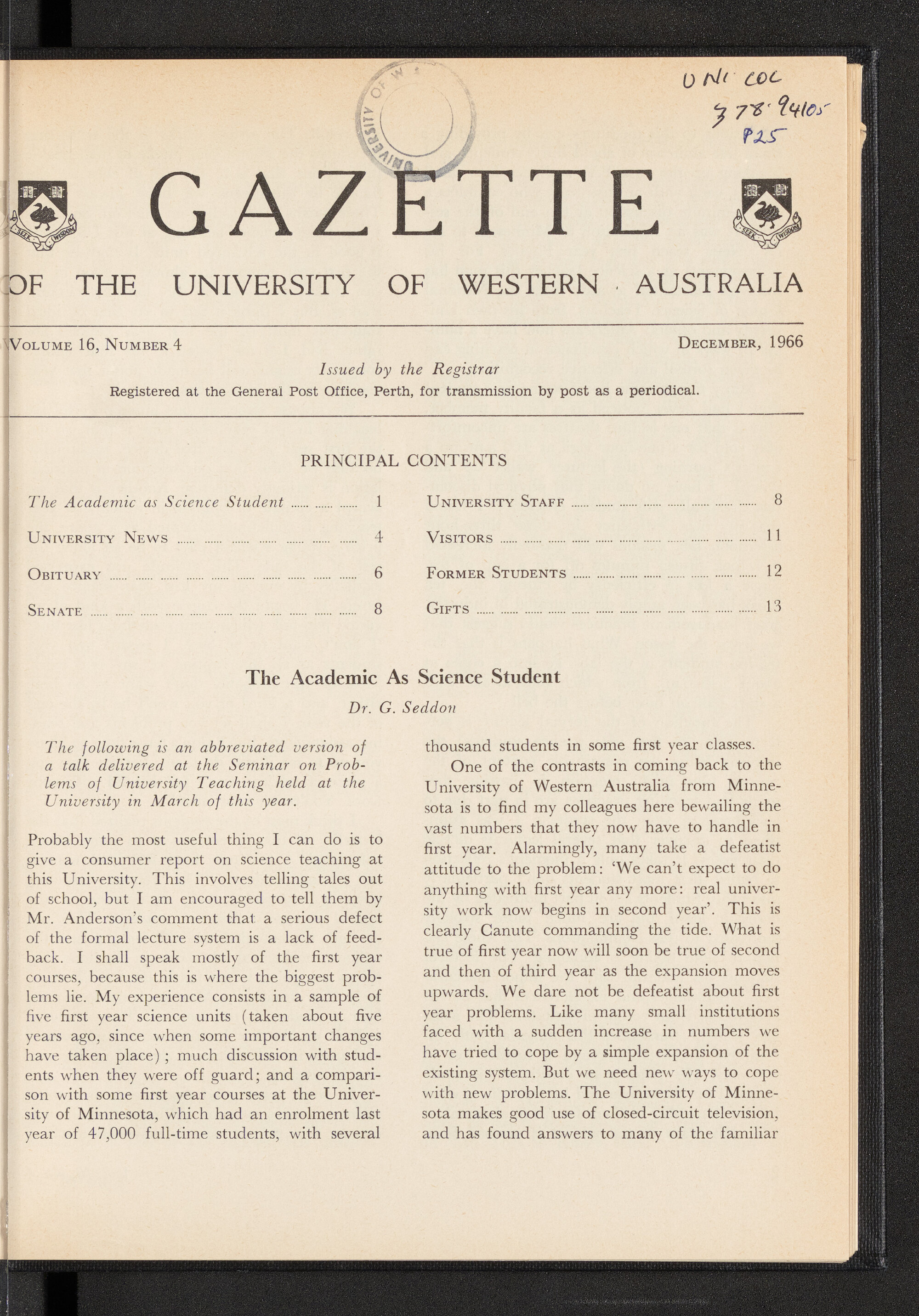 The Gazette of the University of Western Australia - Volume 16 - Number 4 - December 1966