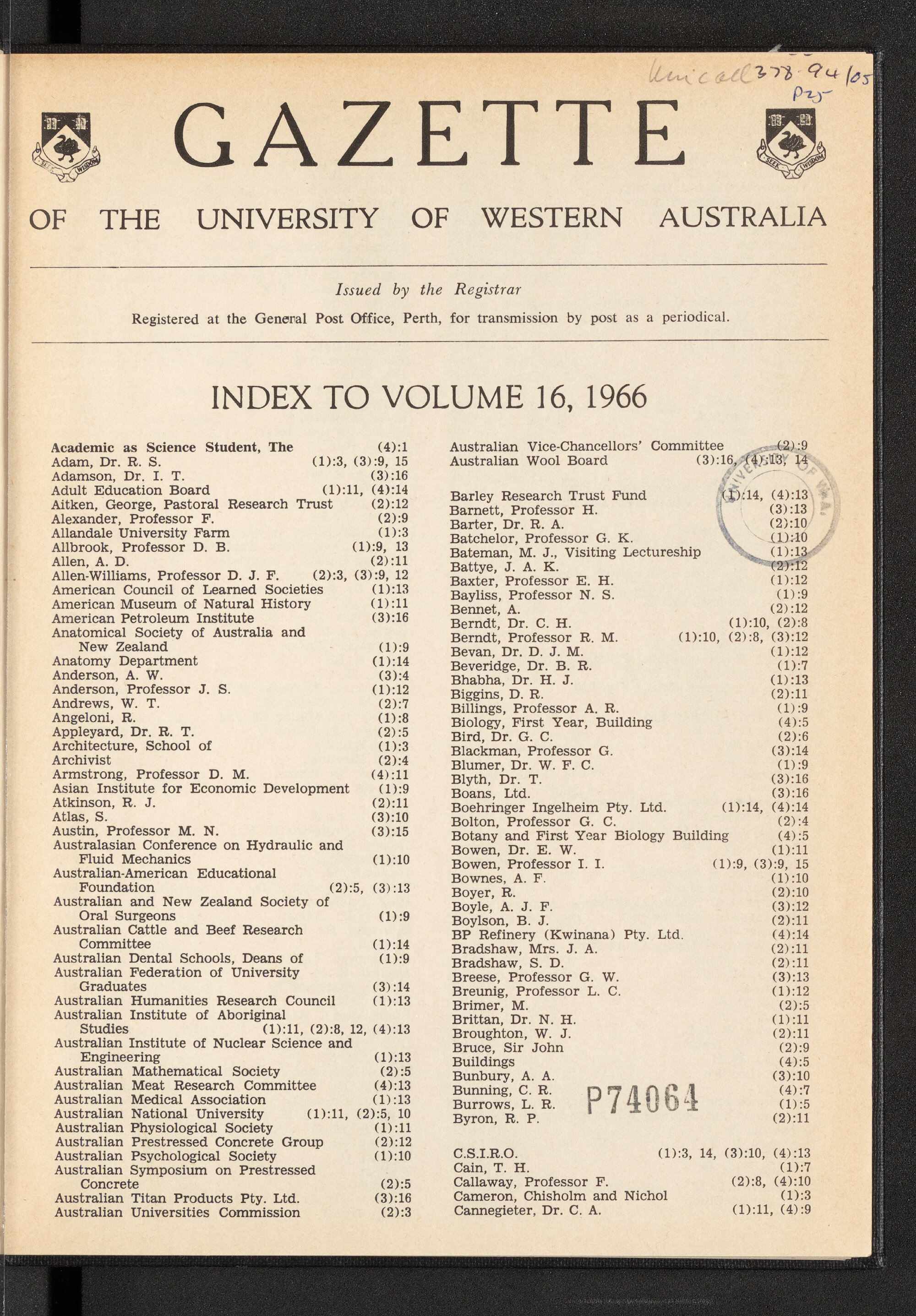 The Gazette of the University of Western Australia - Index to Volume 16 - 1966