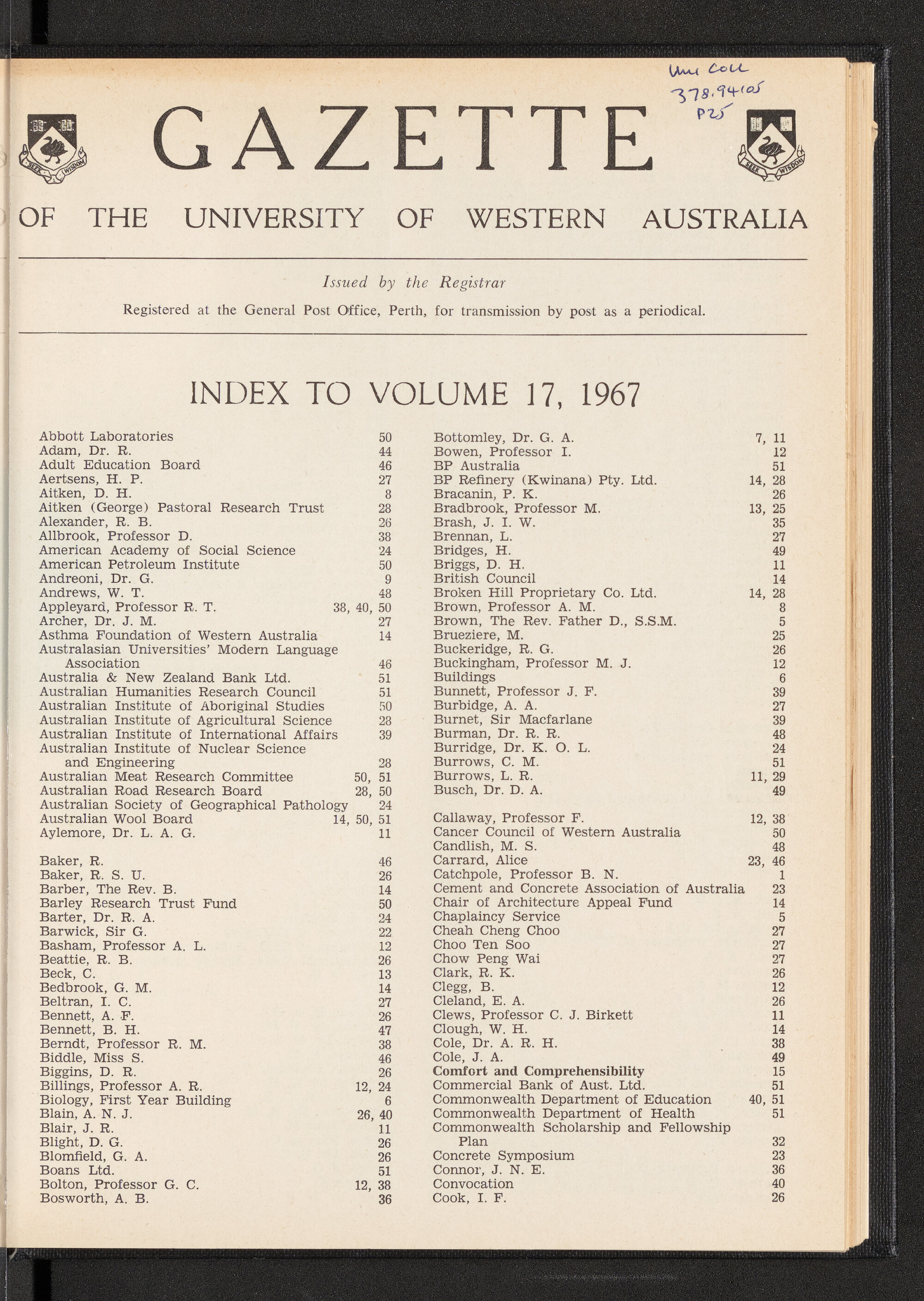 The Gazette of the University of Western Australia - Index to Volume 17 - 1967