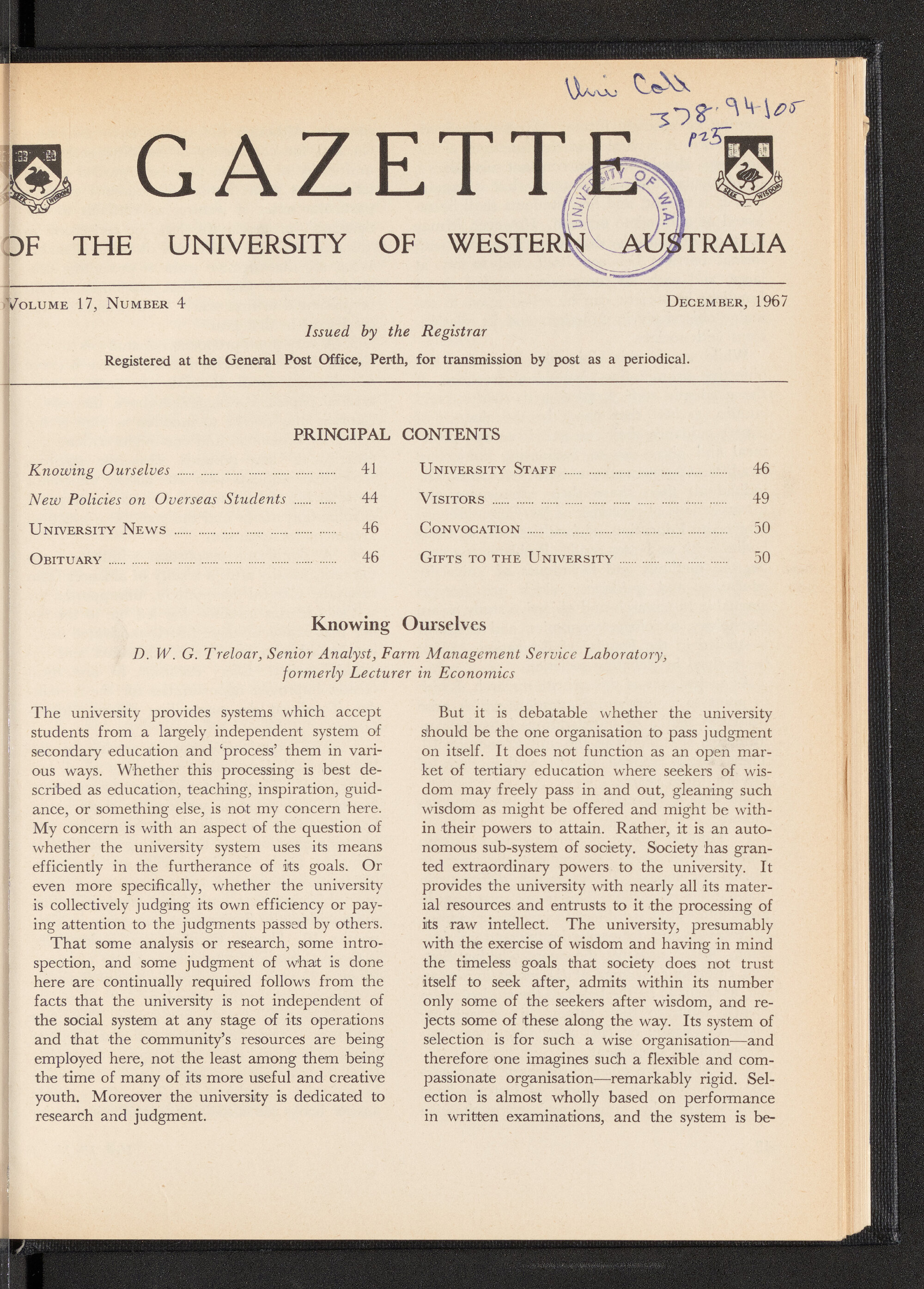 The Gazette of the University of Western Australia - Volume 17 - Number 4 - December 1967
