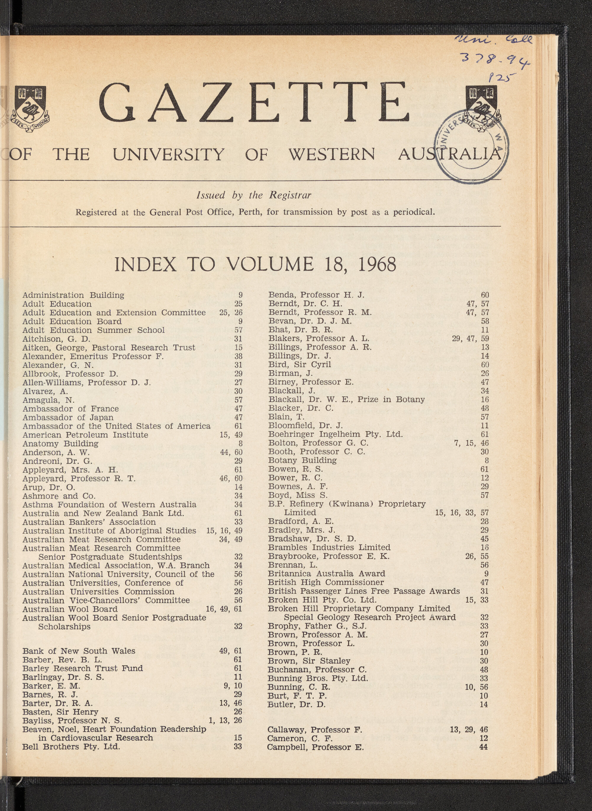 The Gazette of the University of Western Australia - Index to Volume 18 - 1968