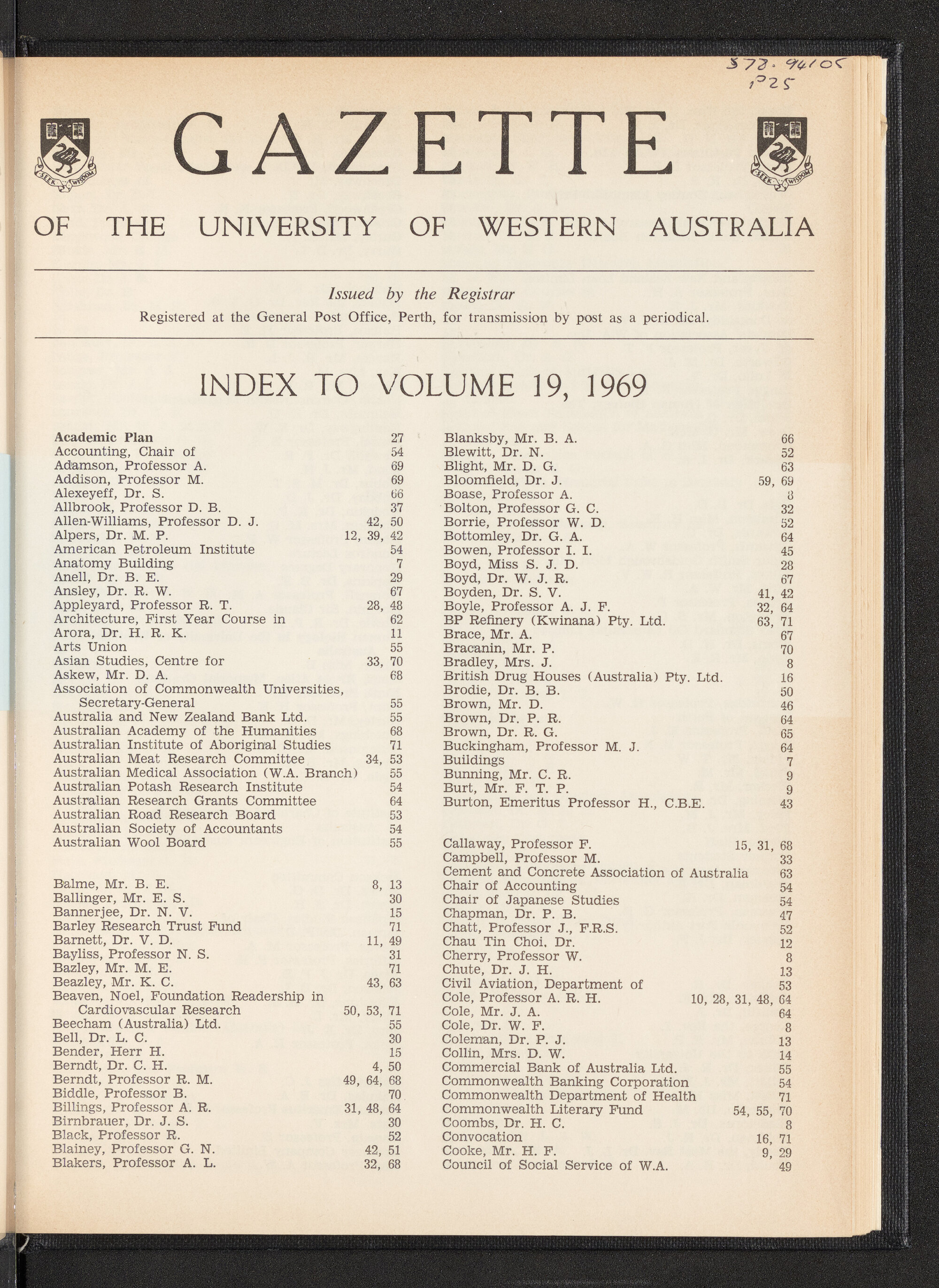 The Gazette of the University of Western Australia - Index to Volume 19 - 1969