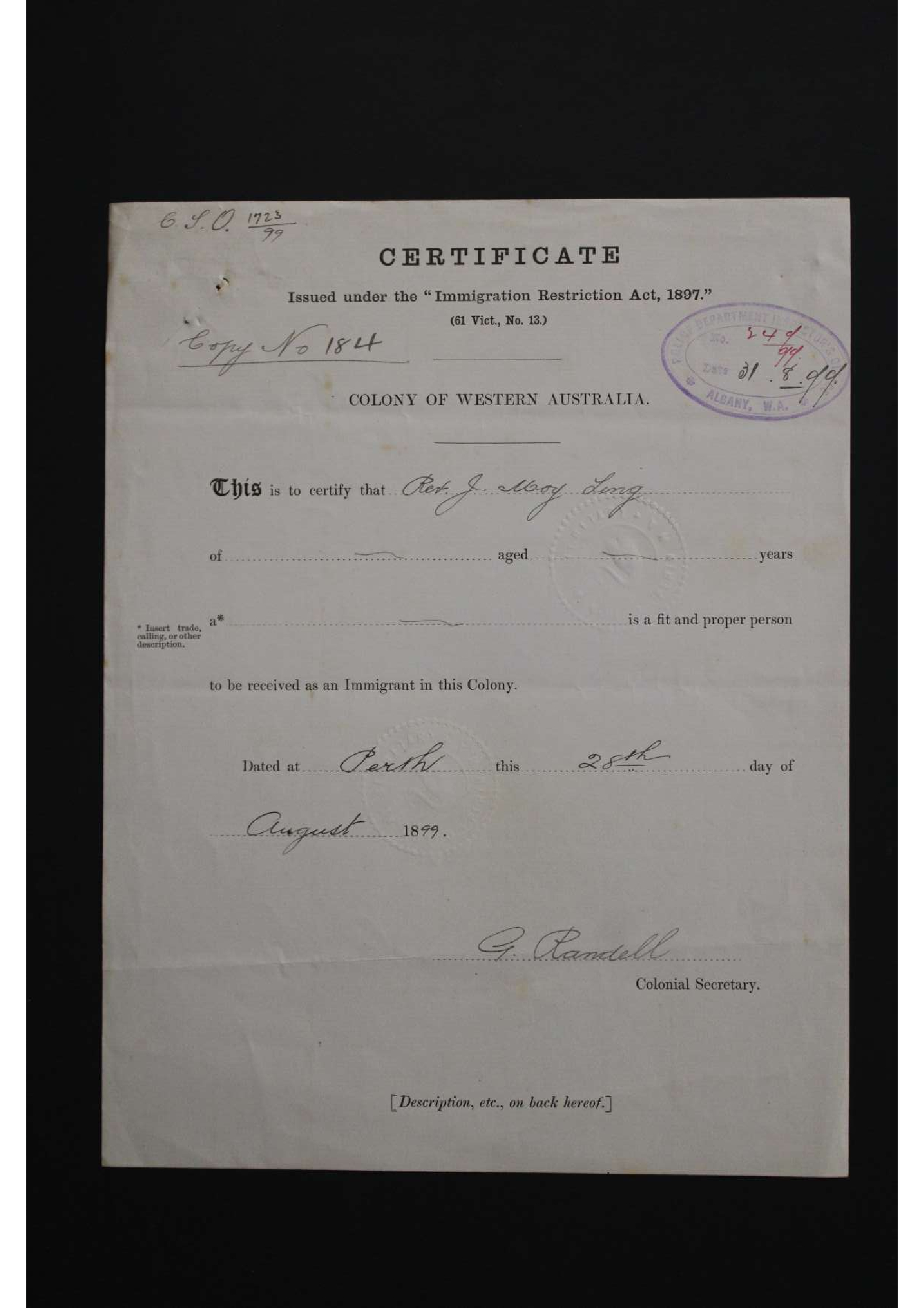 Moy Ling, certificate to return to the colony 1899