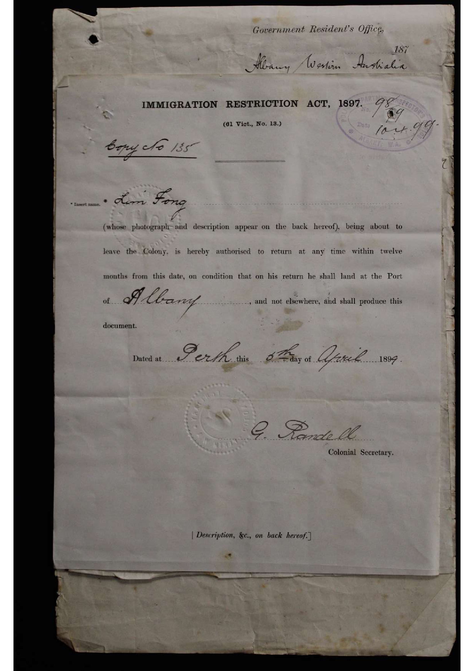 Lim Fong, certificate 1899