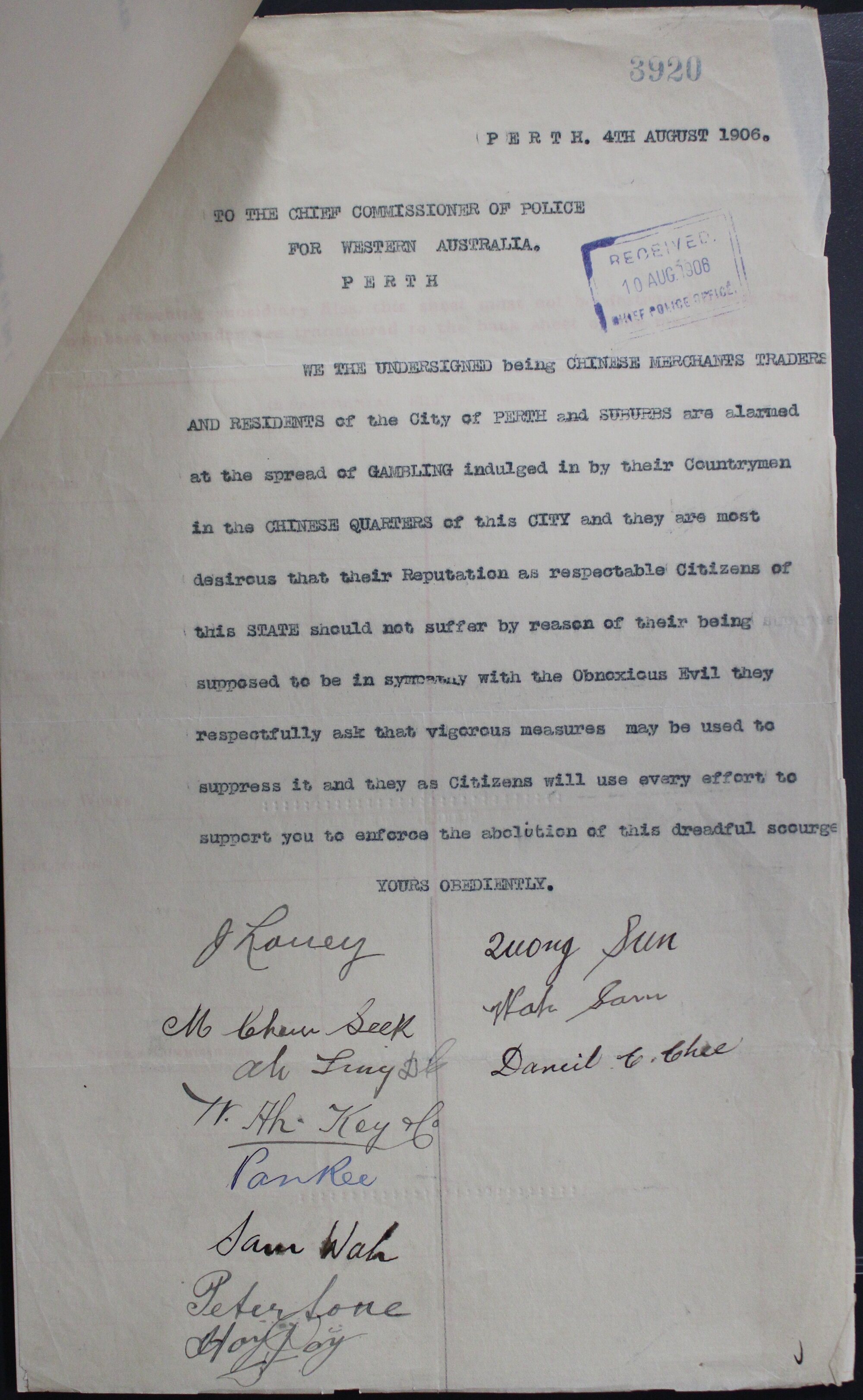 Petition from Chinese Residents re gambling, 1906