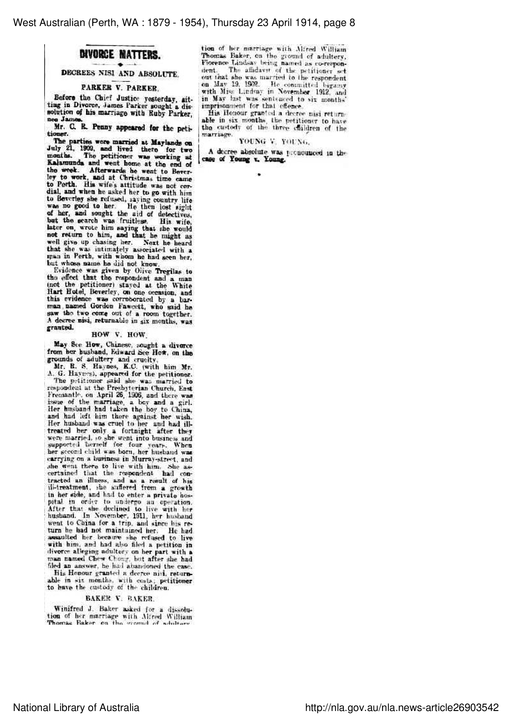 See Howe Divorce, 23 April 1914