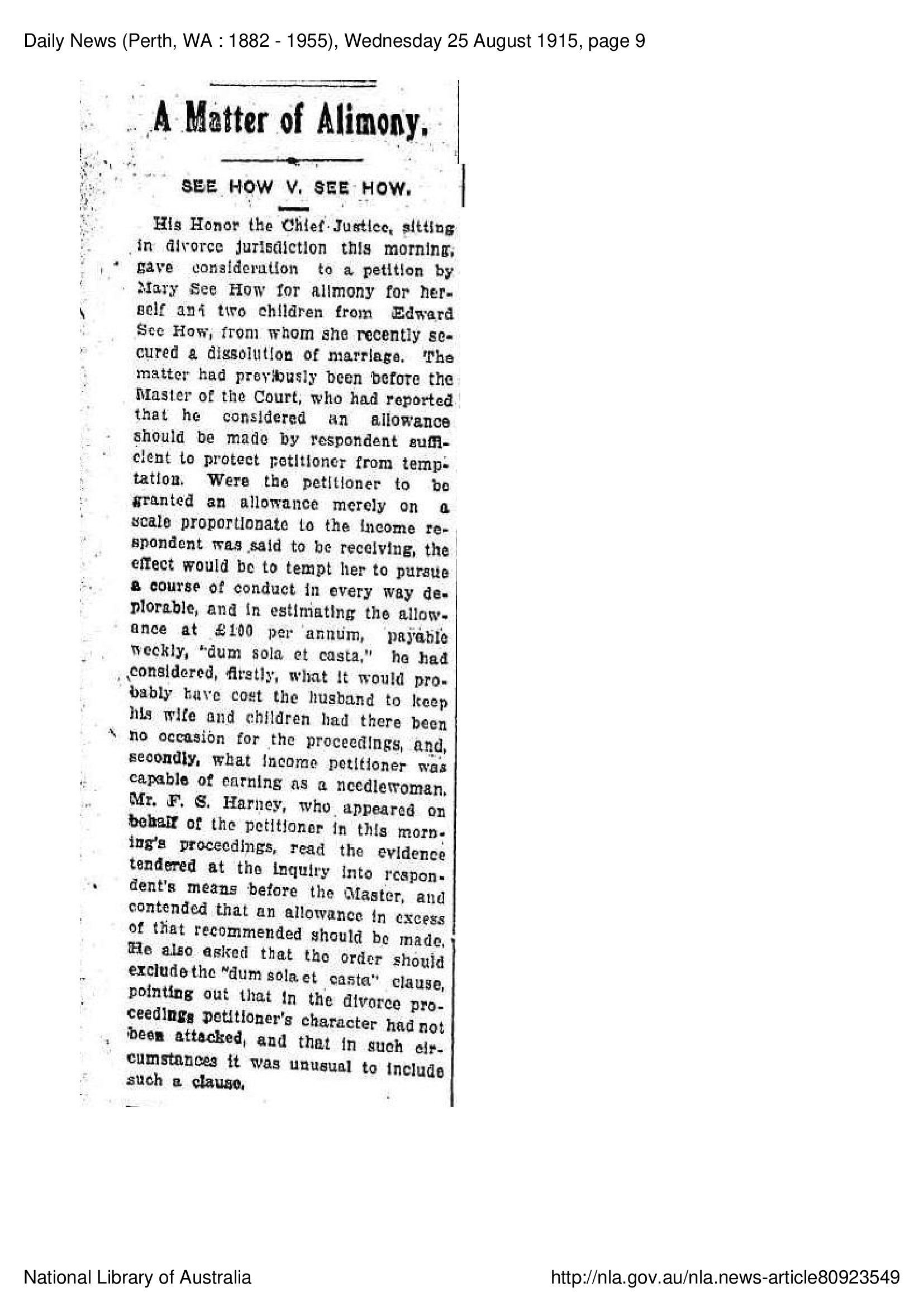 See Howe Divorce, 25 August 1915