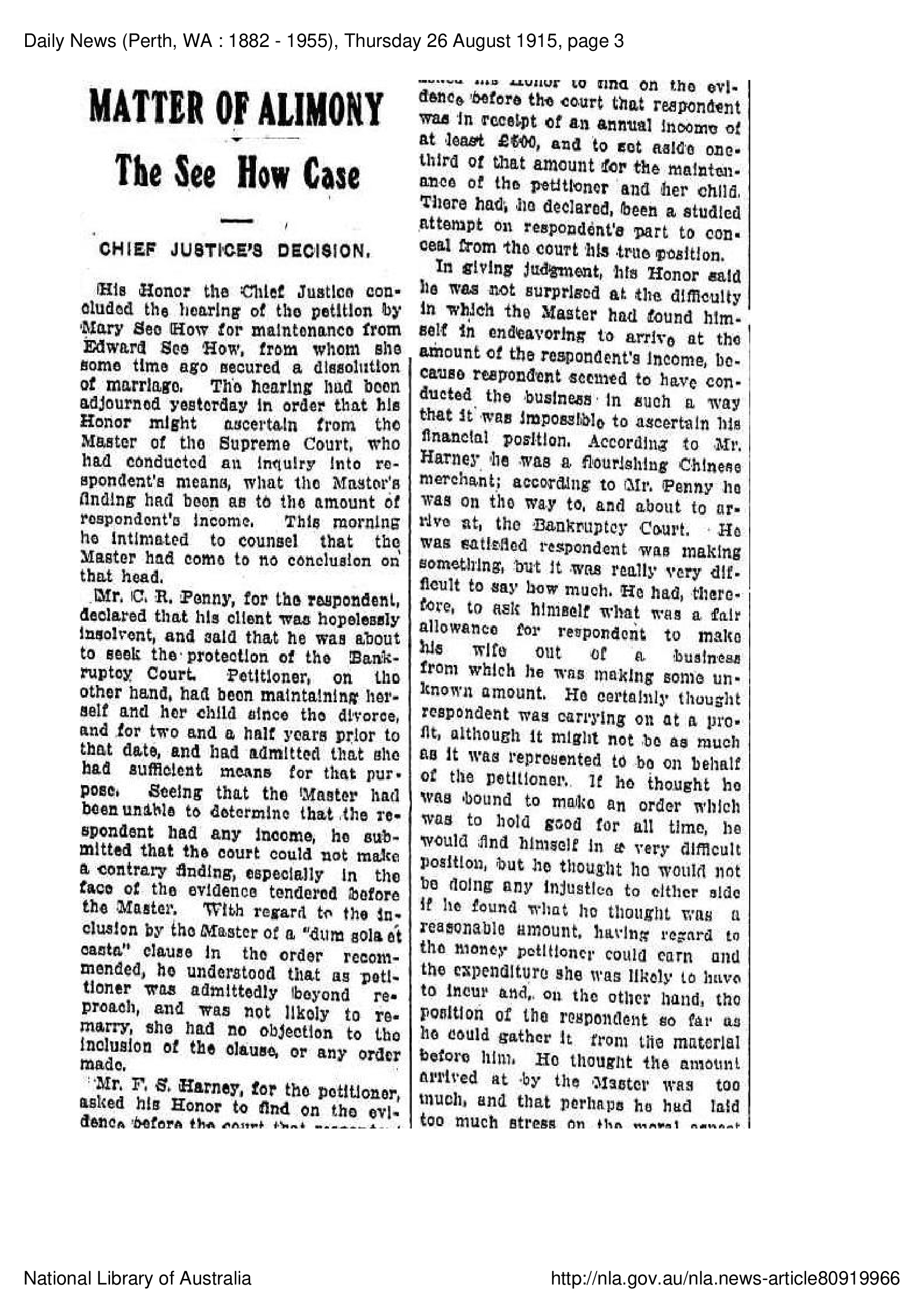 See Howe Divorce, 26 August 1915