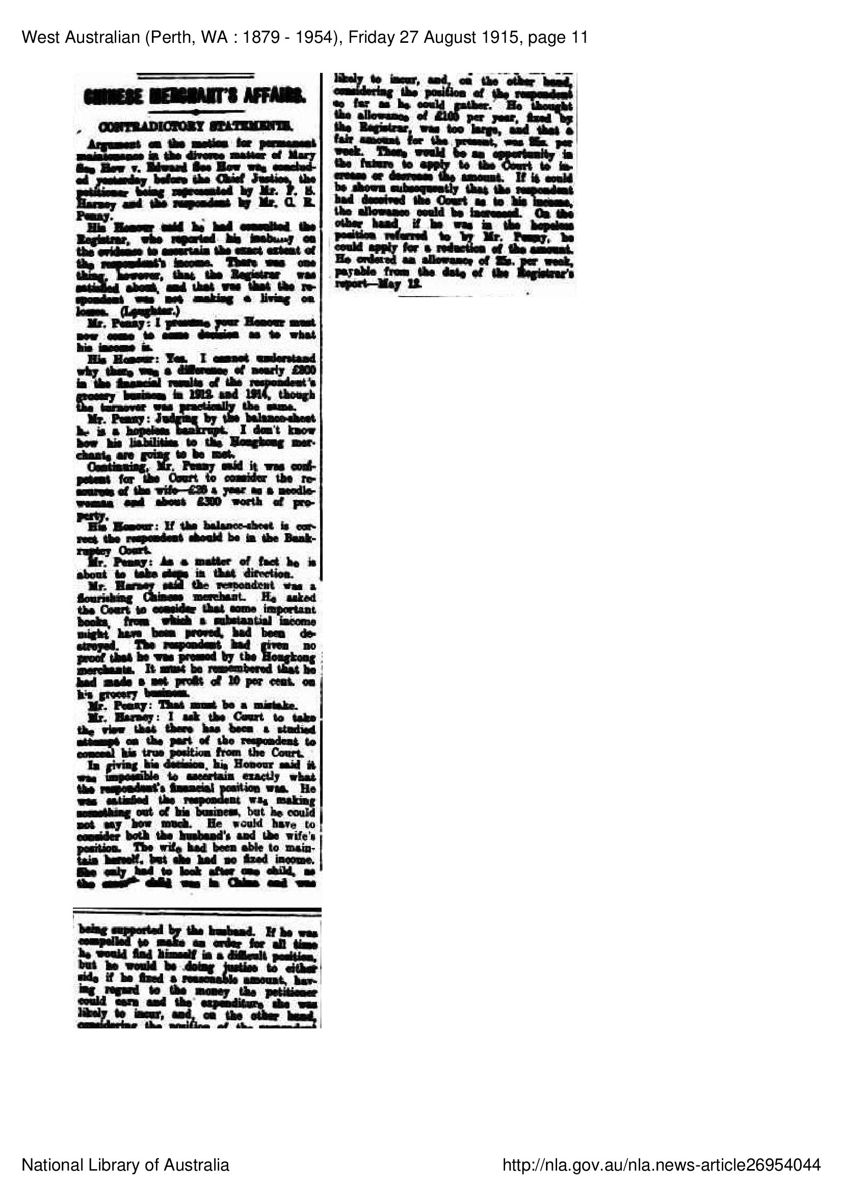 See Howe Divorce, 27 August 1915