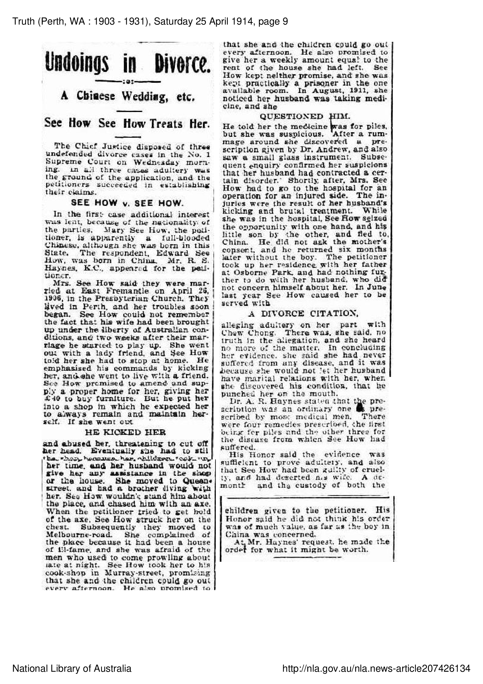 See Howe Divorce, 25 April 1914