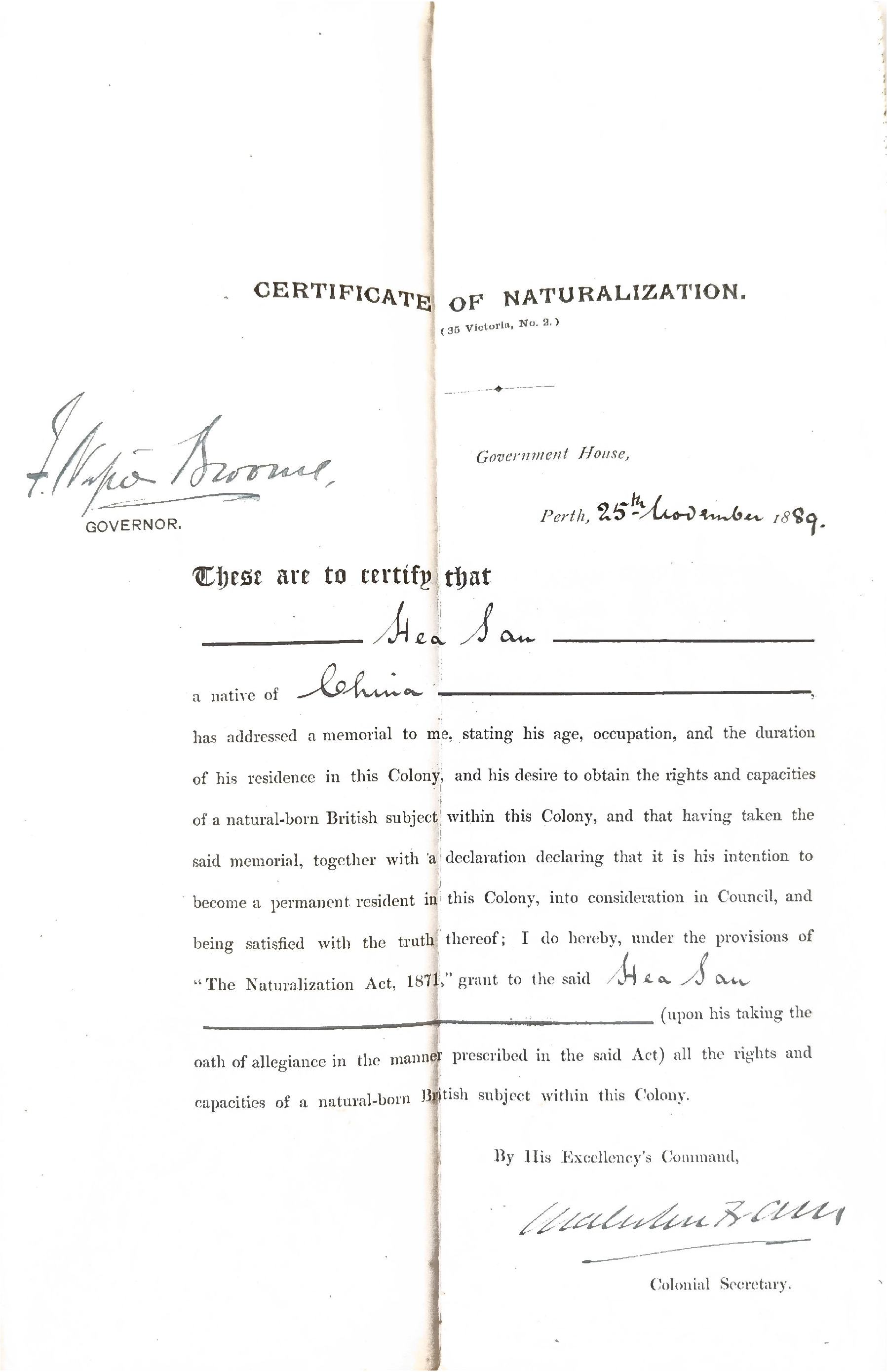 Hea San's Naturalisation, 1889