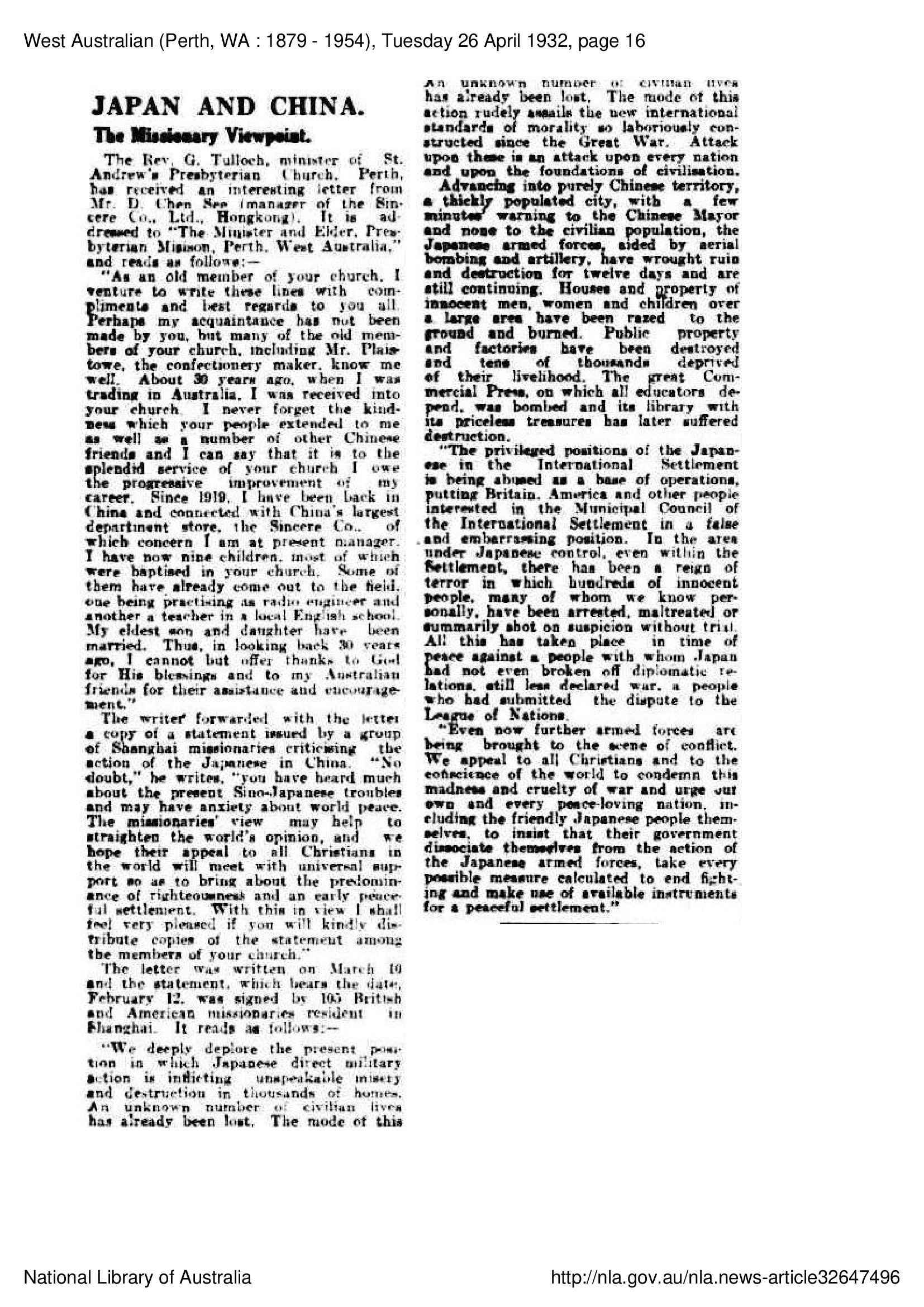 Letter from David Chen See, April 1932